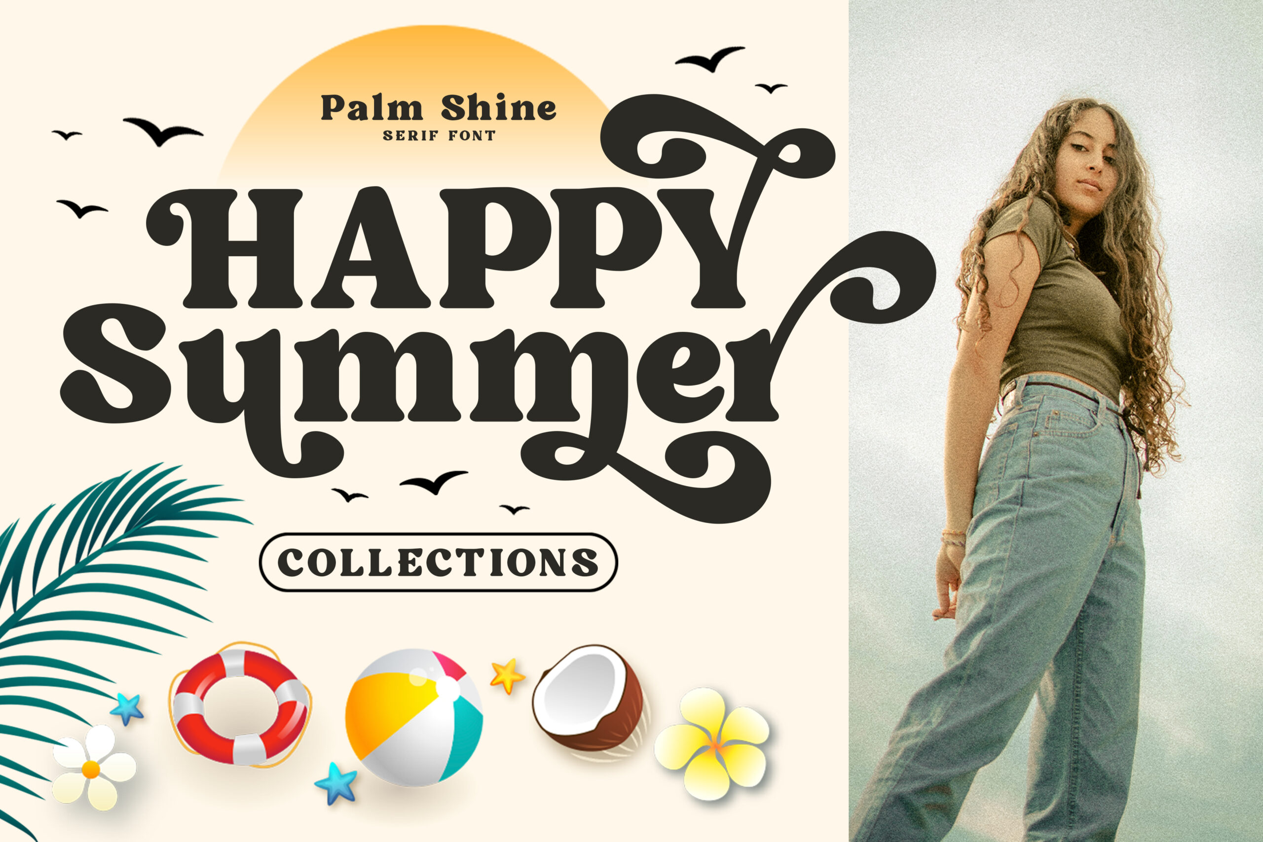 Happy Summer Collections graphic with palm leaves, beach ball, pool float mockup