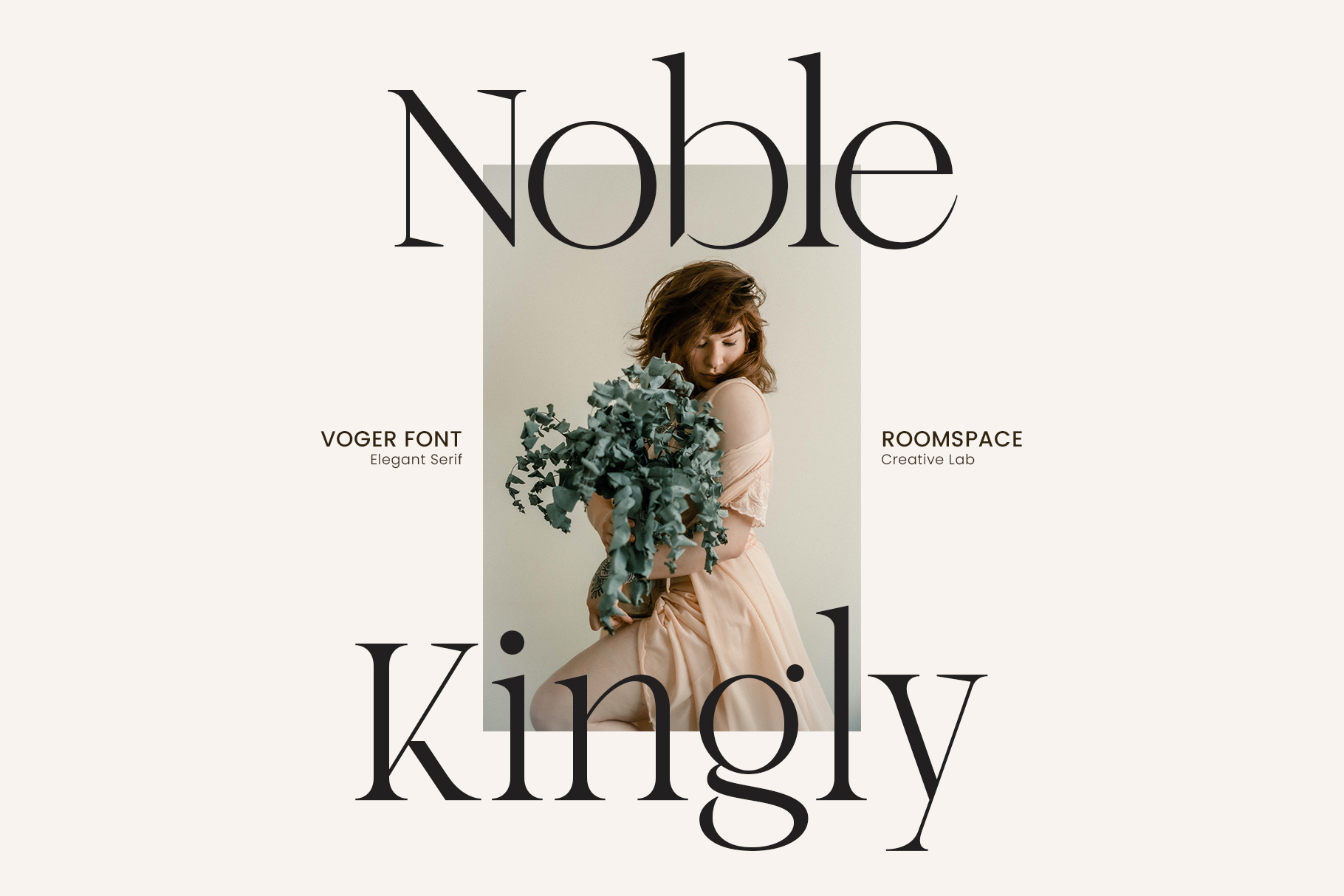 Woman in peach dress holding eucalyptus with serif font overlay spelling Noble Kingly