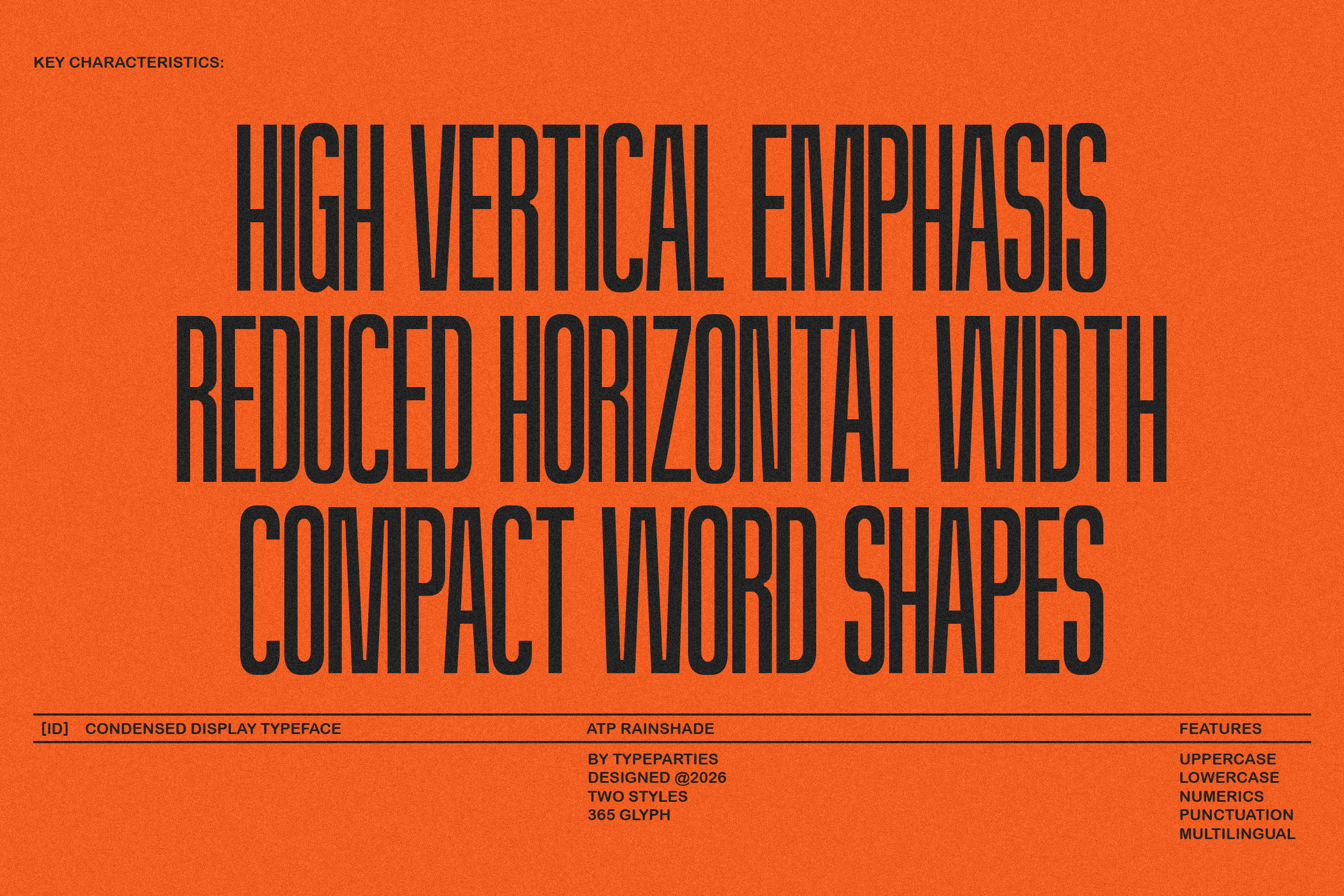 Bold orange poster showcasing a condensed display typeface with high vertical emphasis, reduced width, compact shapes, ideal for graphic design projects.