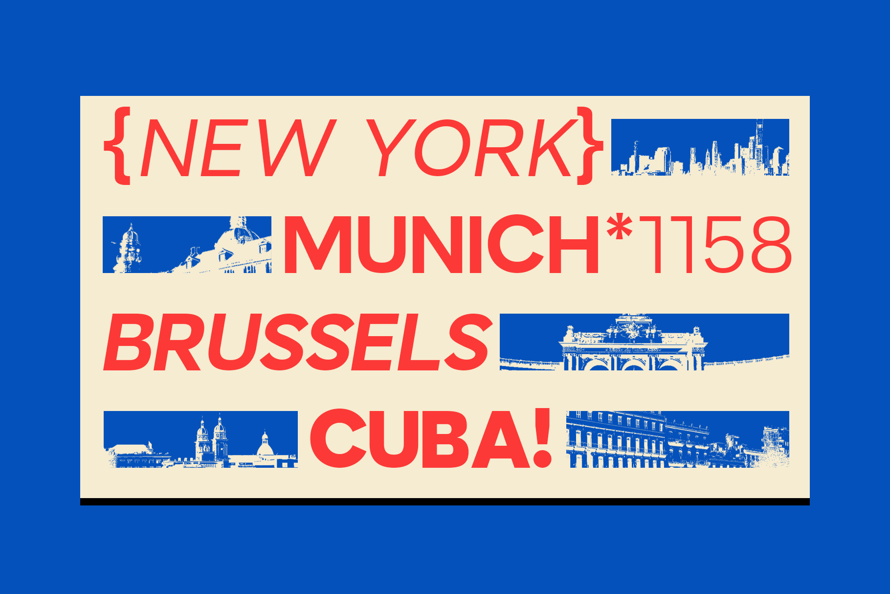 Retro travel poster with city skylines for New York, Munich, Brussels, Cuba in red text