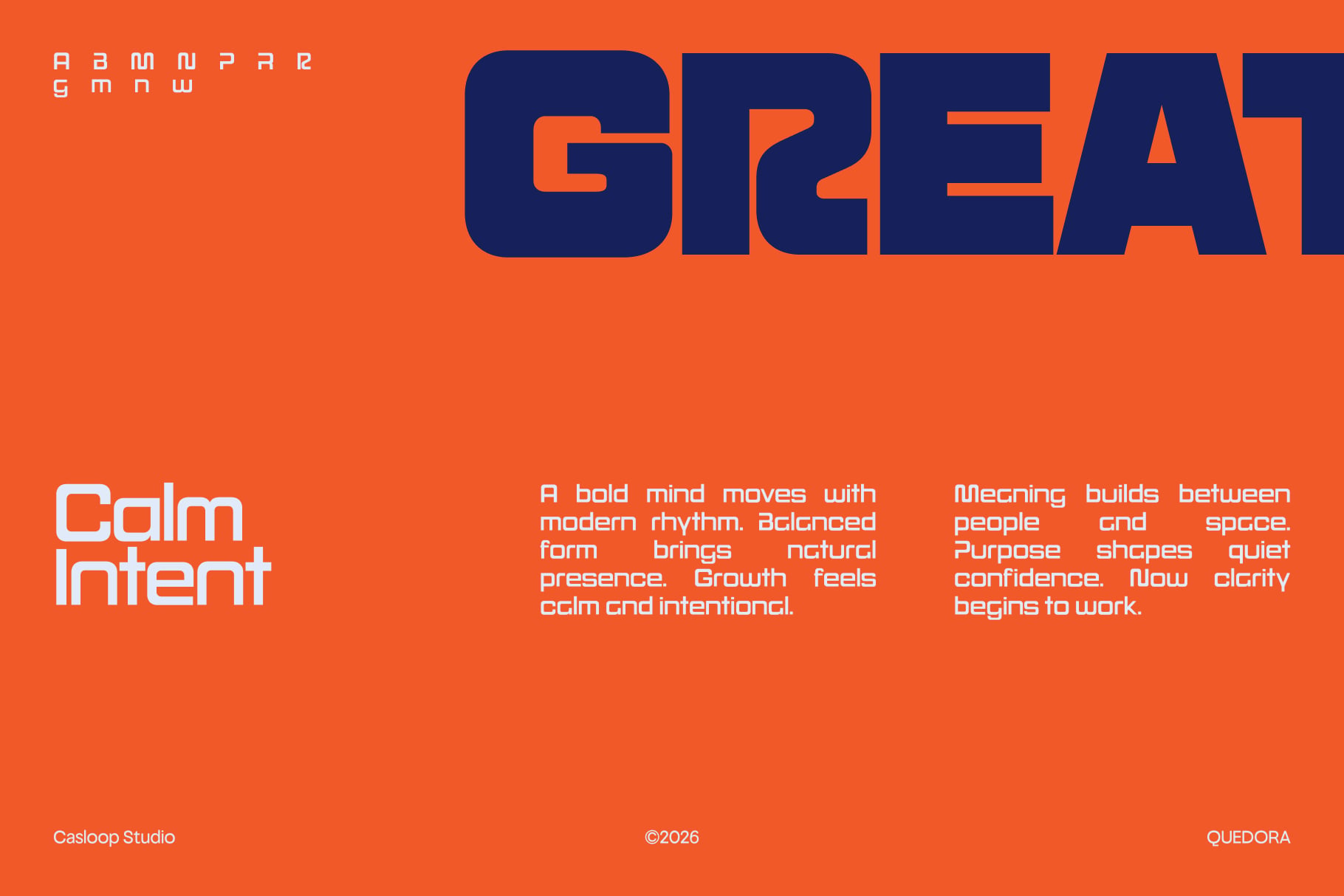 Bold geometric typeface with navy letters on vibrant orange background, minimal design aesthetic