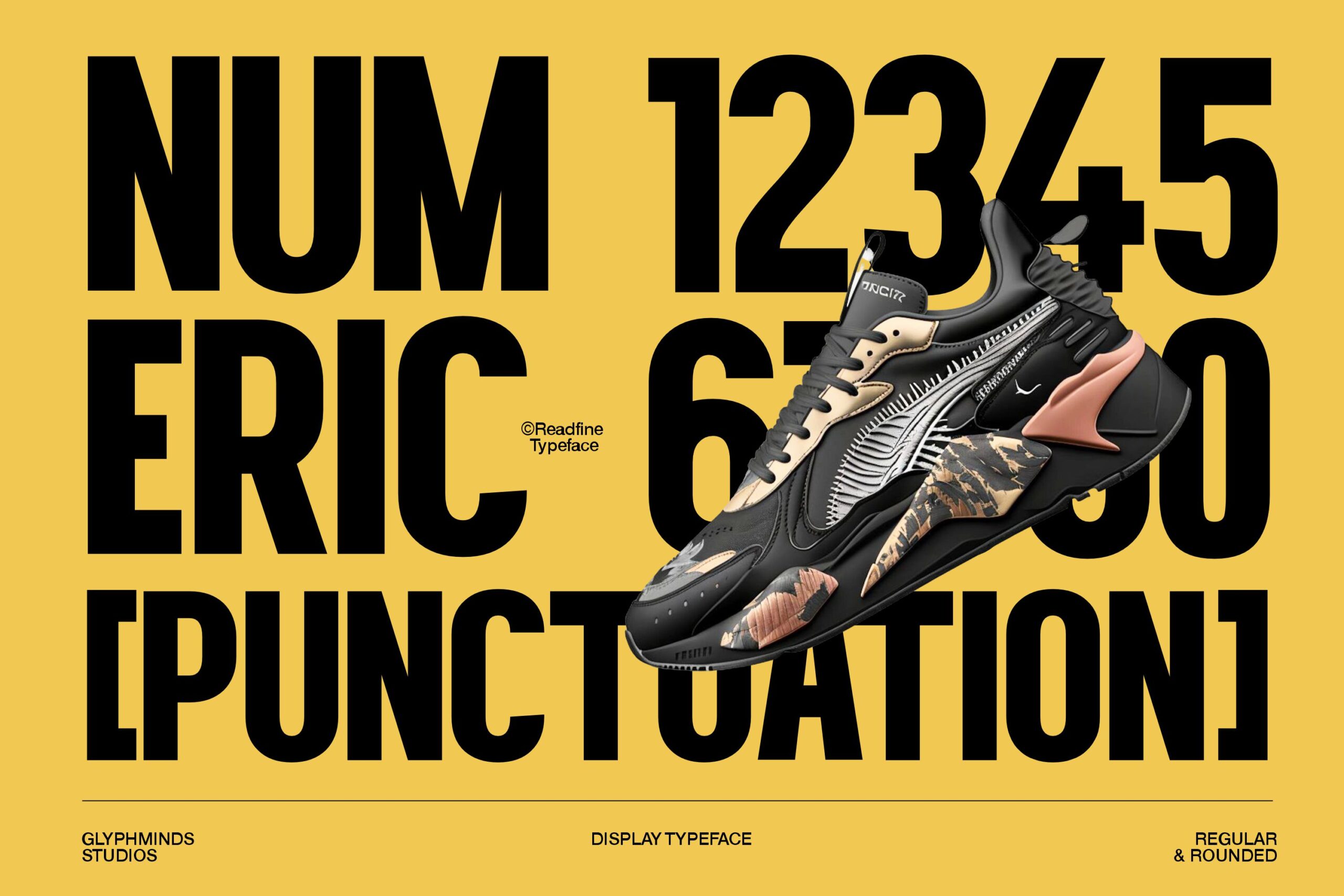Bold black numeric font family showing uppercase letters sneaker graphic on yellow background