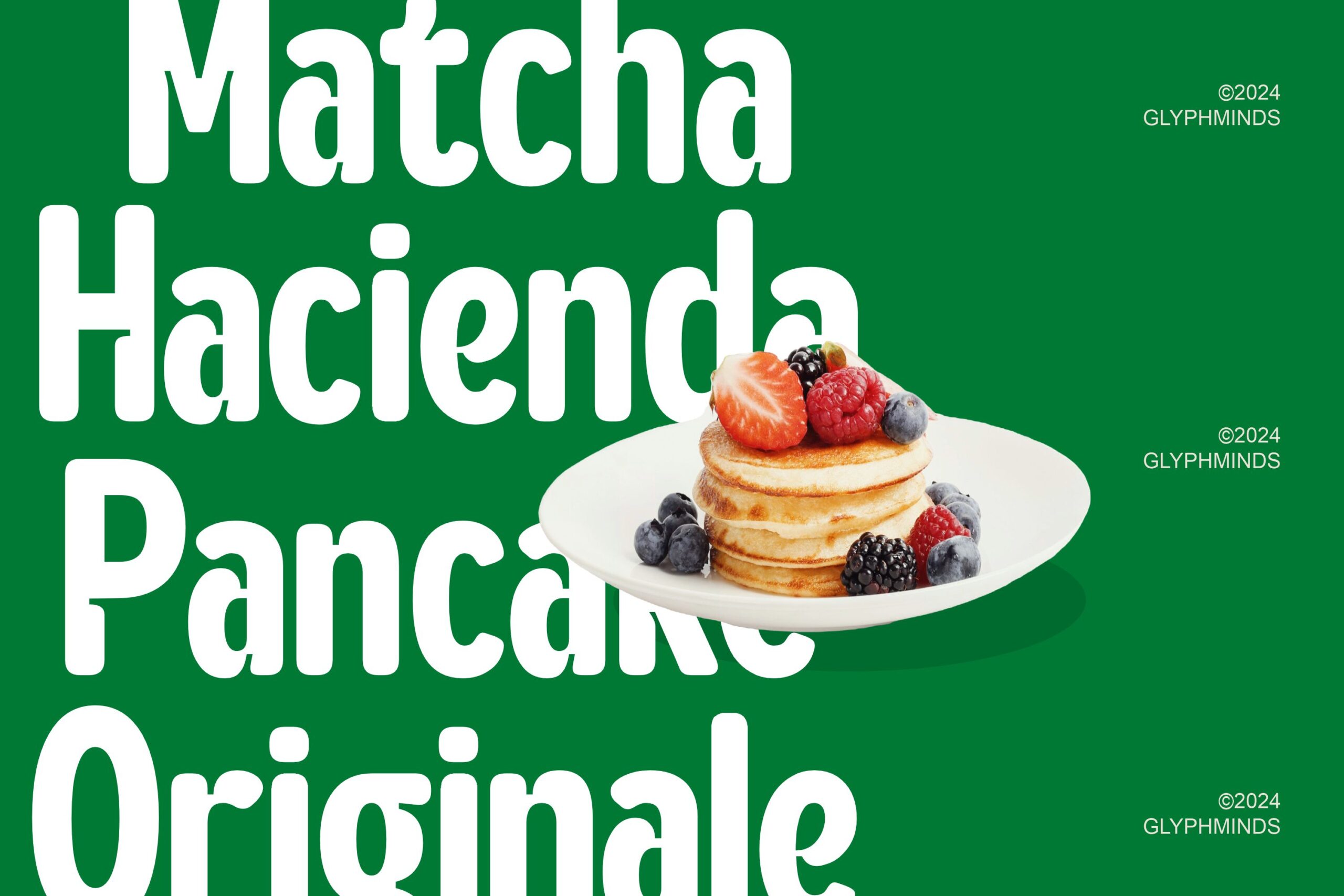 Matcha hacienda pancake poster with stack of pancakes topped with fresh berries