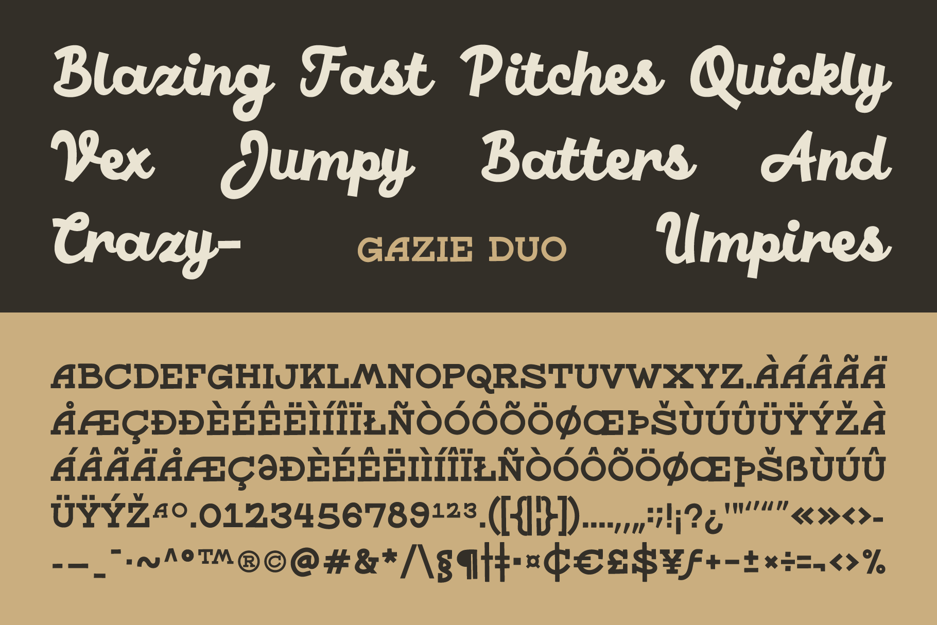 Gazie Duo font package showing script samples with baseball themed copy