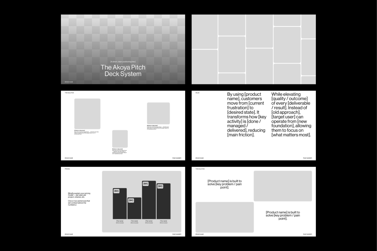 Akoya Pitch Deck System with modular layout, wireframes, value prop, problem statement