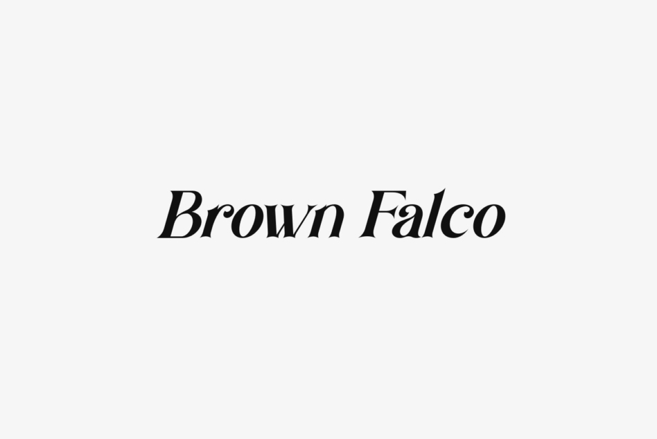 Brown Falco font rendered in italic black script on light backdrop
