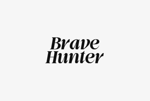 Brave Hunter in black serif italic font stacked layout