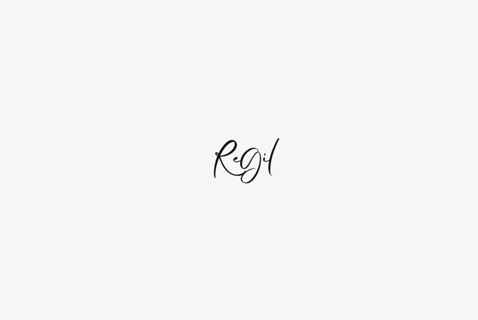 Handwritten script logo reading "ReGil" in black ink on light gray background