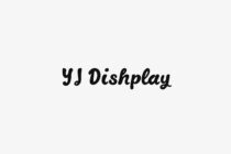 YJ Dishplay handwritten script font in bold black on light gray background