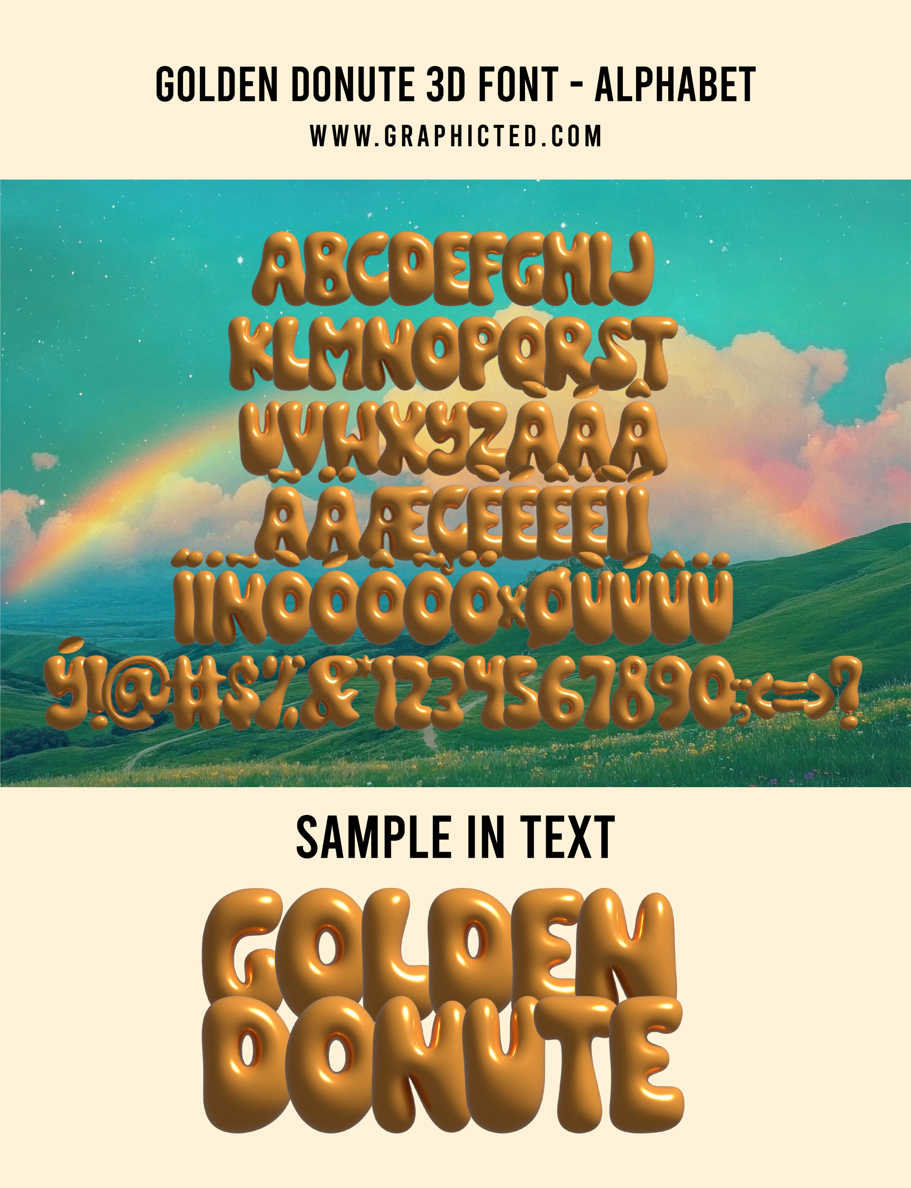 Golden Donute 3D font showing full alphabet with puffy rounded letters on colorful landscape