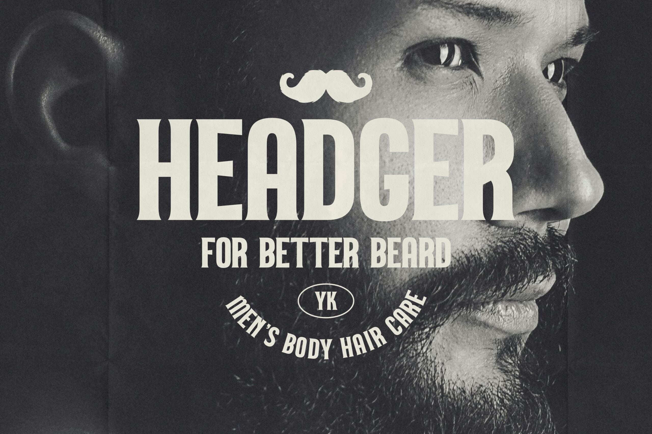 Black white vintage photo with Headger beard care branding over male face
