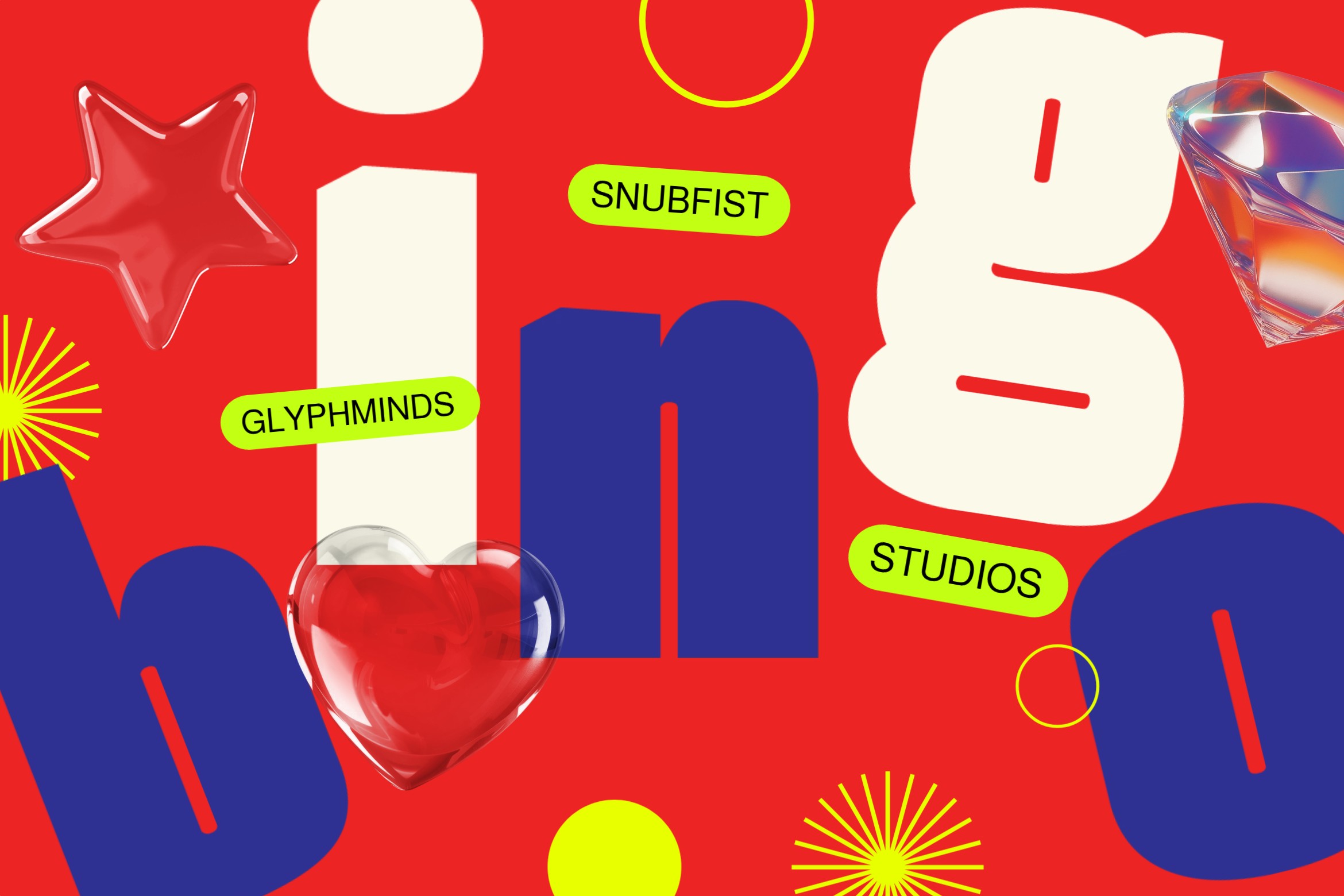 Colorful 3D shapes, hearts, stars with Snubfist, Glyphminds, Studios labels on red