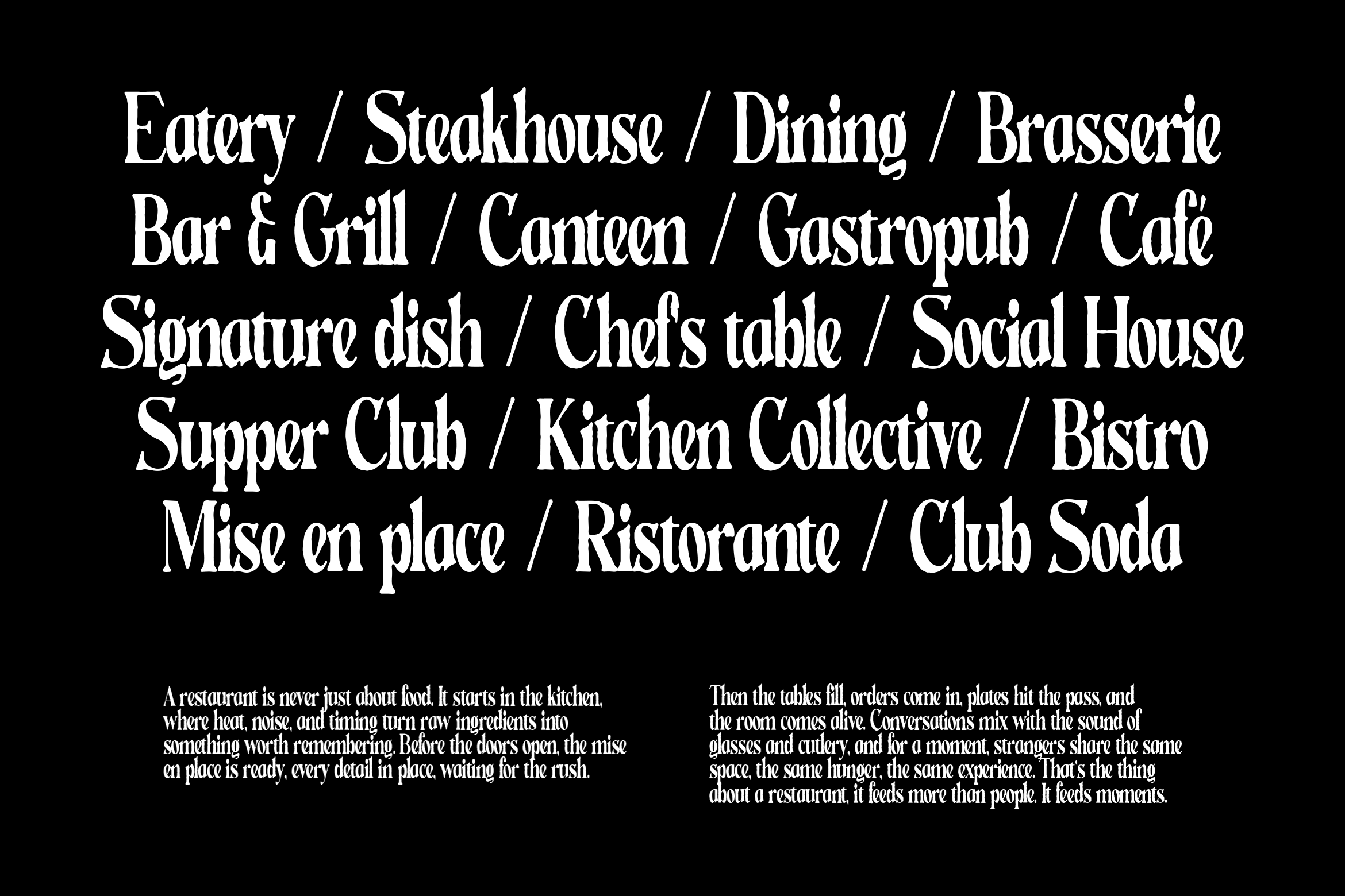 Restaurant terminology spread with typographic layout over philosophical copy