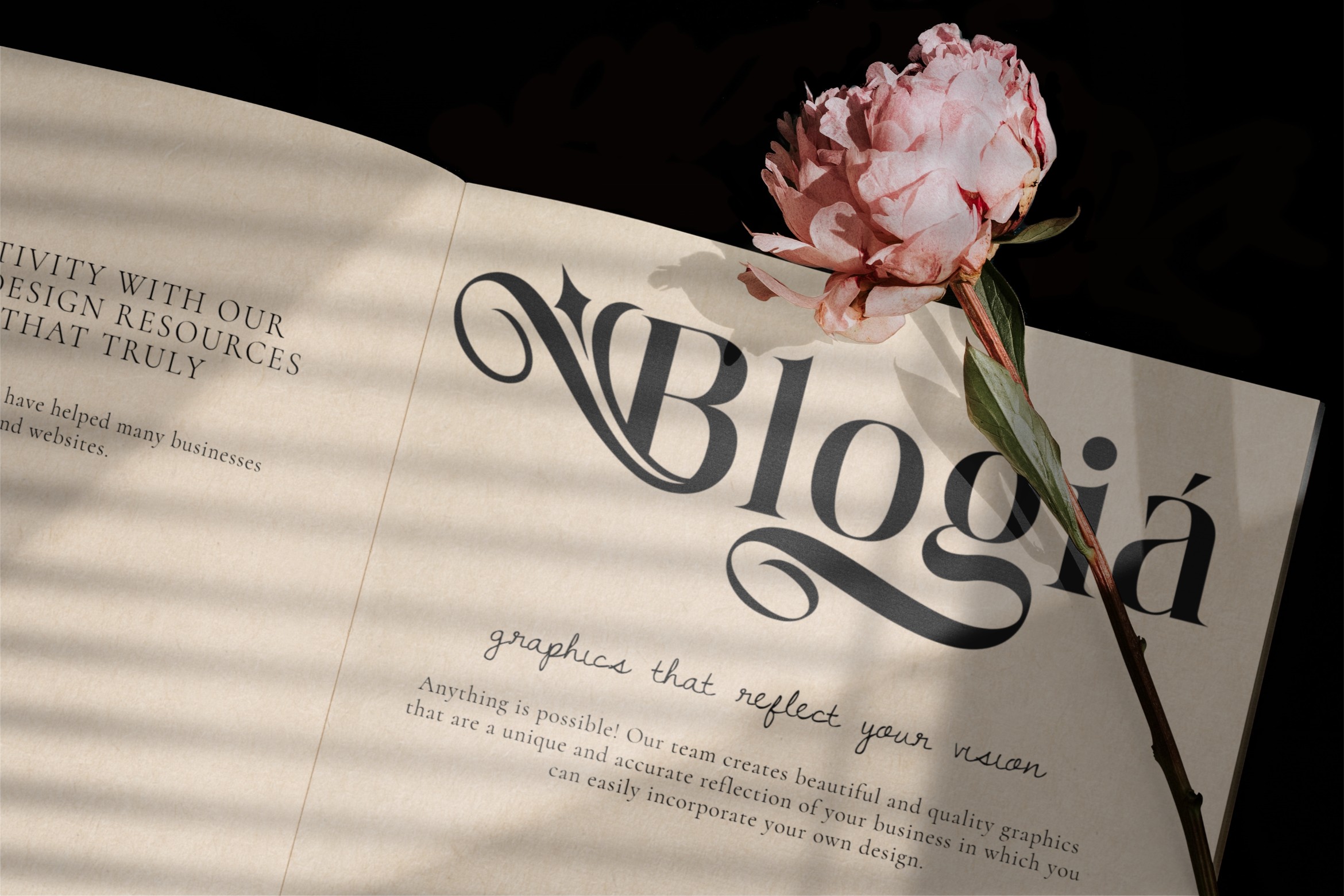 Open magazine spread with Bloggia text, pink peony flower, serif typography layout