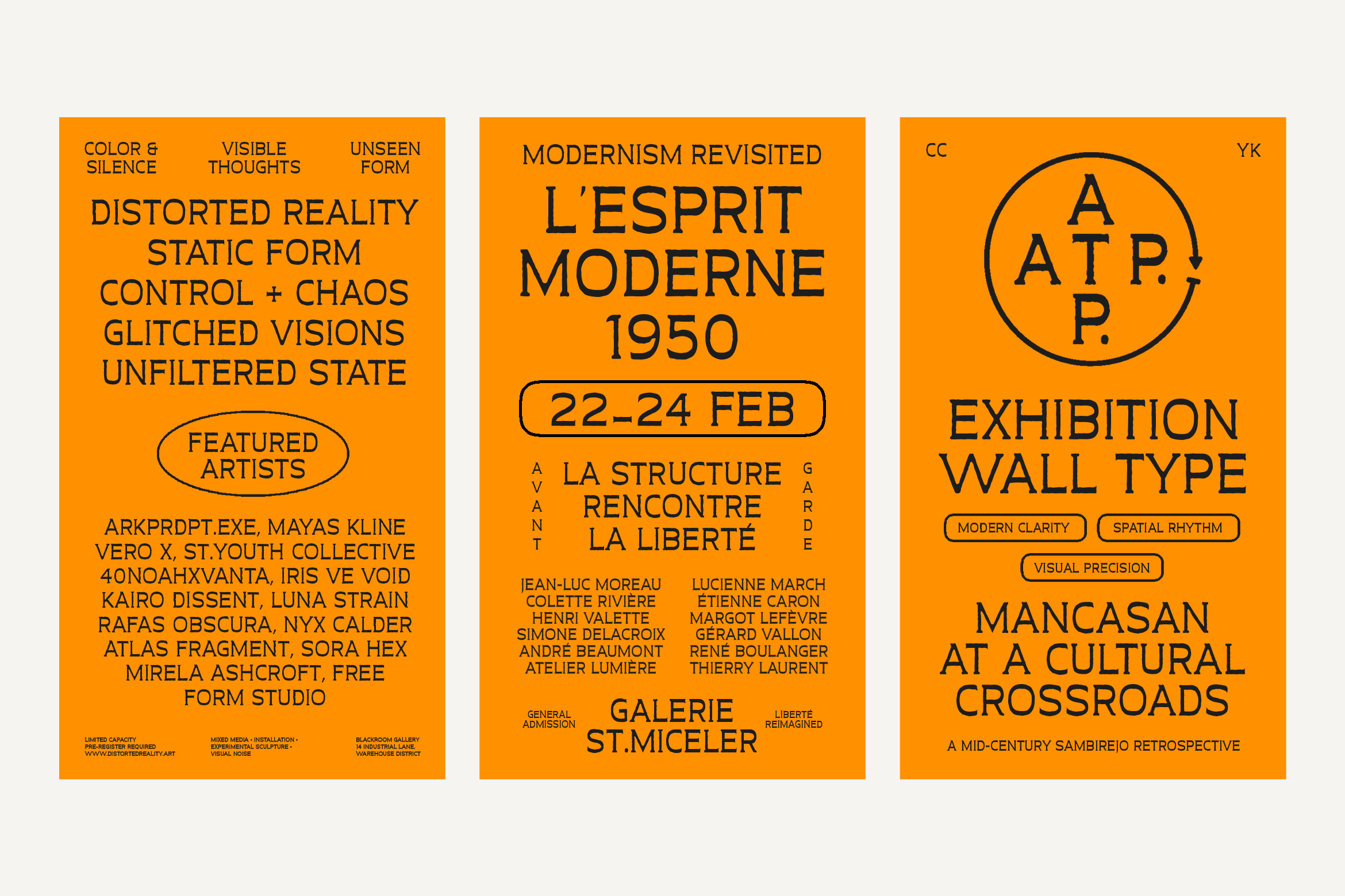 Three orange event posters showing modernism exhibition typography layouts