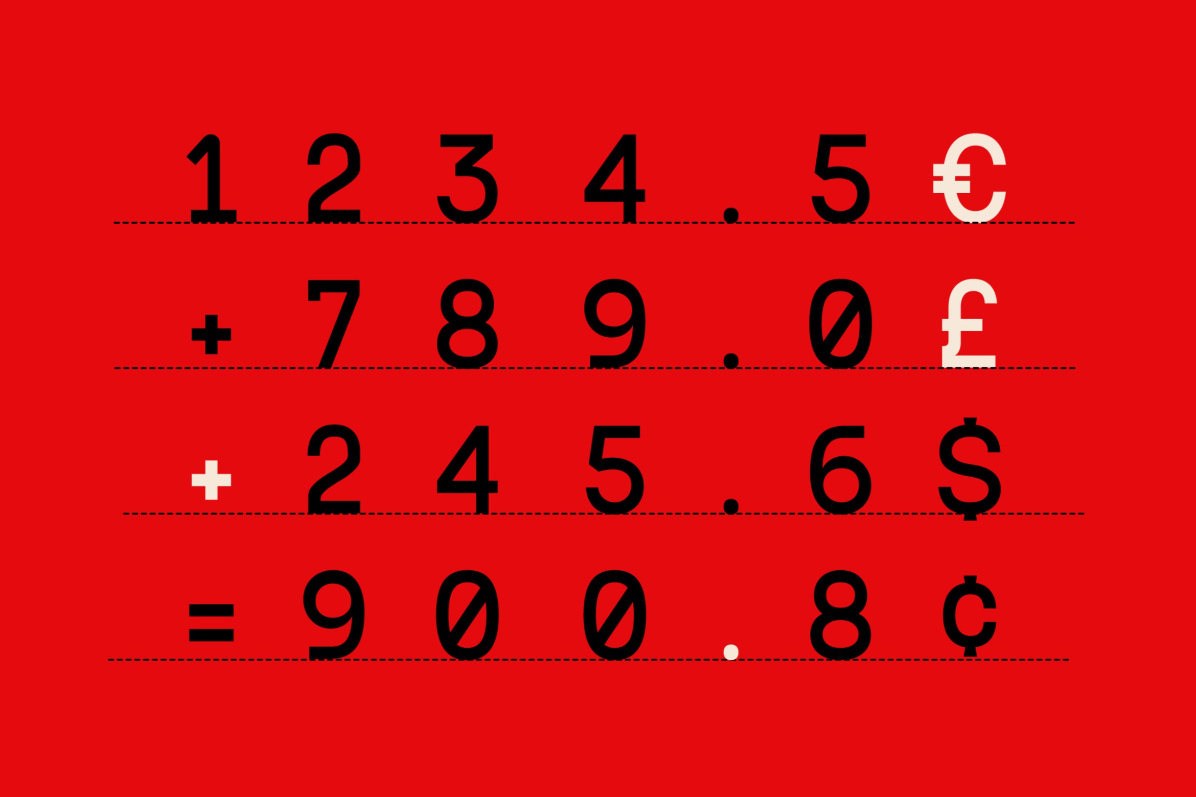 Currency calculator grid showing numbers one through five with euro, pound, dollar symbols on red