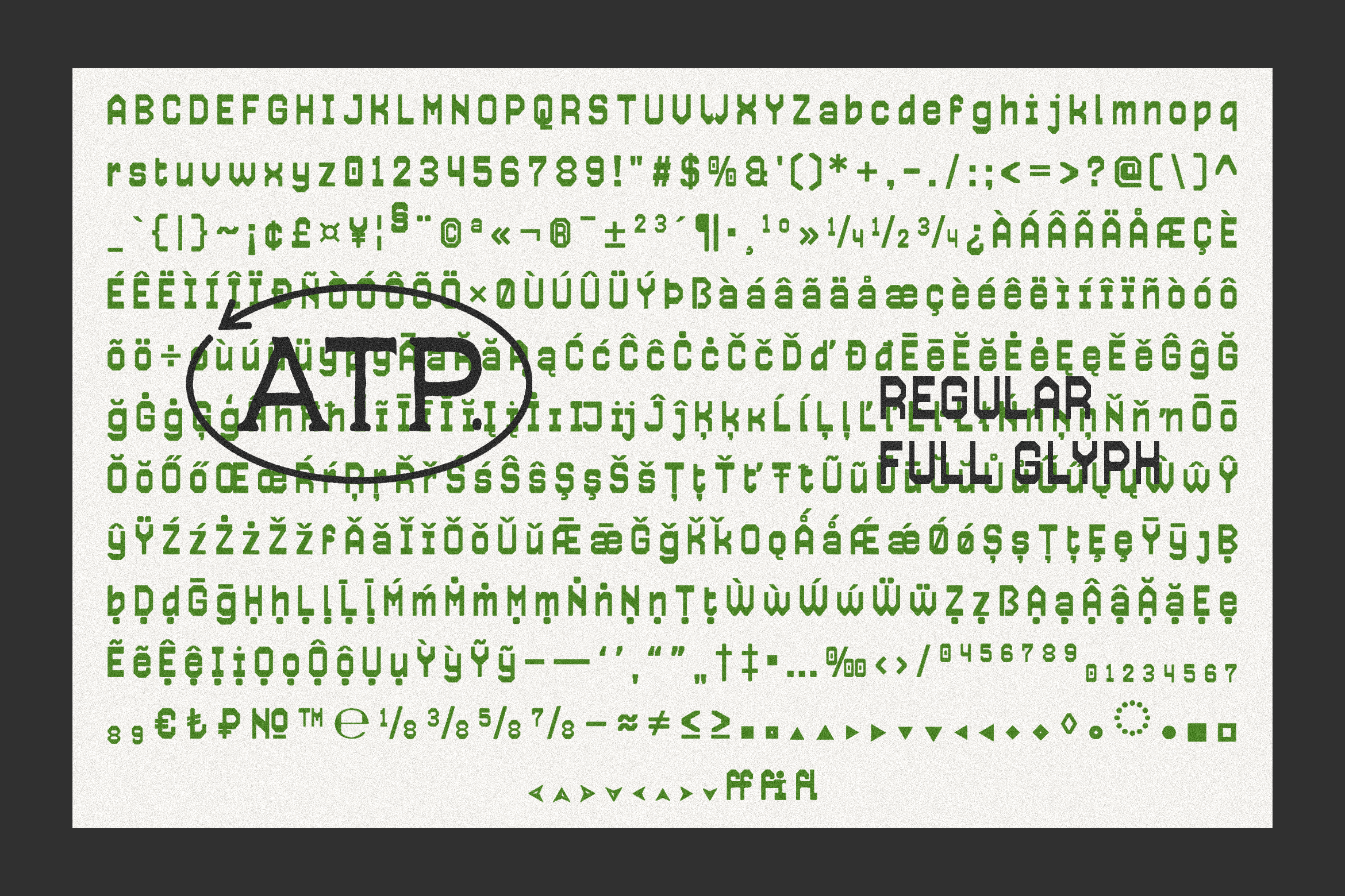 Font showcasing various glyphs and characters in regular style. Ideal for designers seeking unique typography for graphic design and templates.