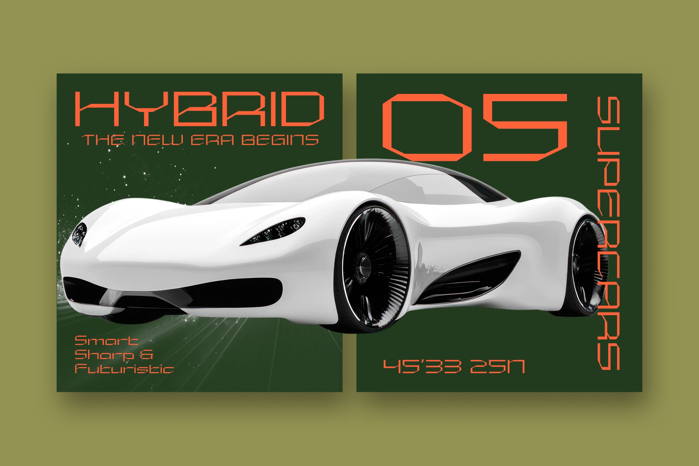 Hybrid 05 superb font mockup with futuristic white sports car on green background