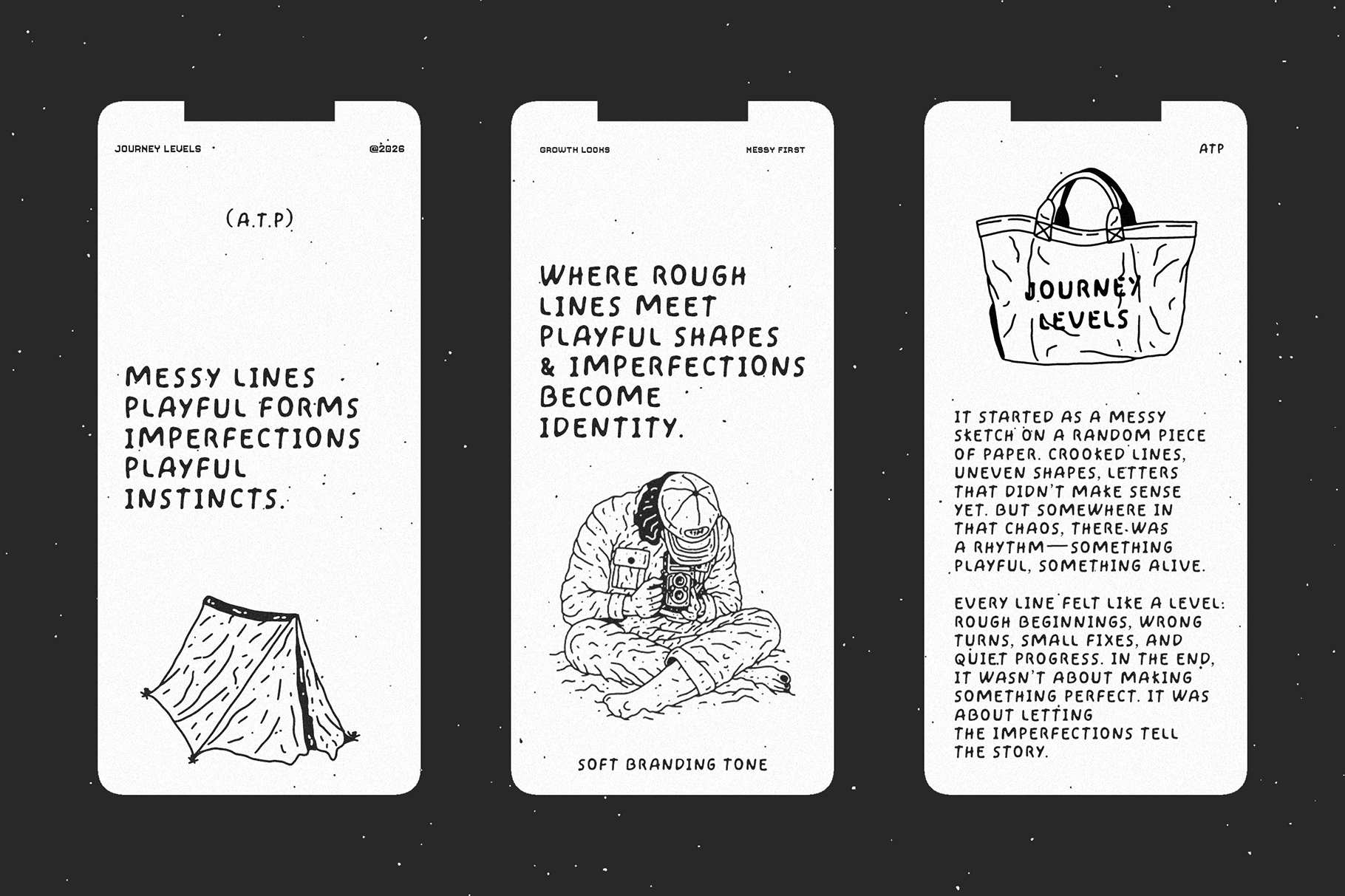 Three phone screens showing Journey Levels font with sketches, messy typography