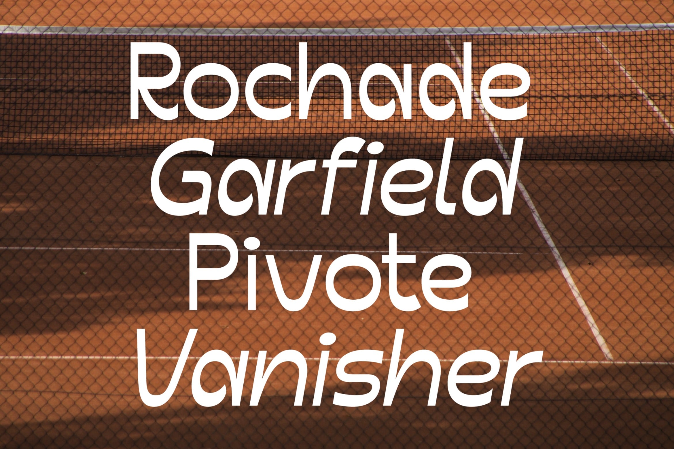 White sans serif text on tennis net background for private garfield venue