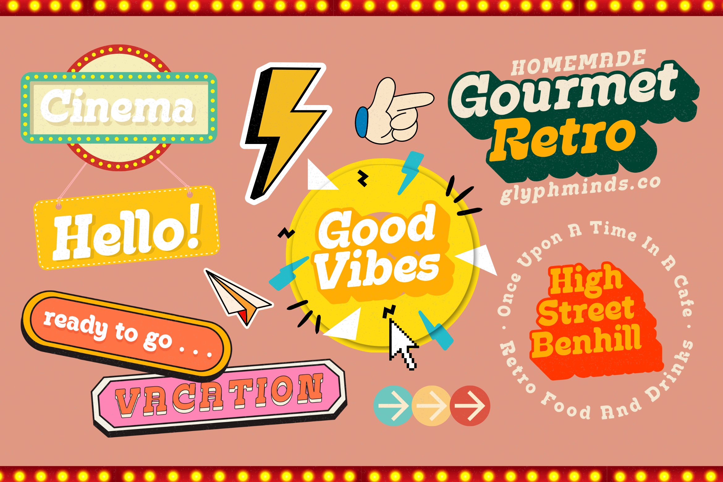 Retro sticker pack with neon signs vacation themes pizza lightbulb graphics