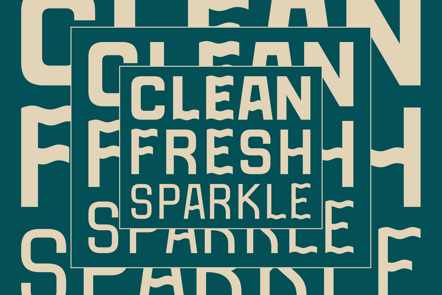 Overlapping teal squares with cream text reading clean fresh sparkle in stacked layout