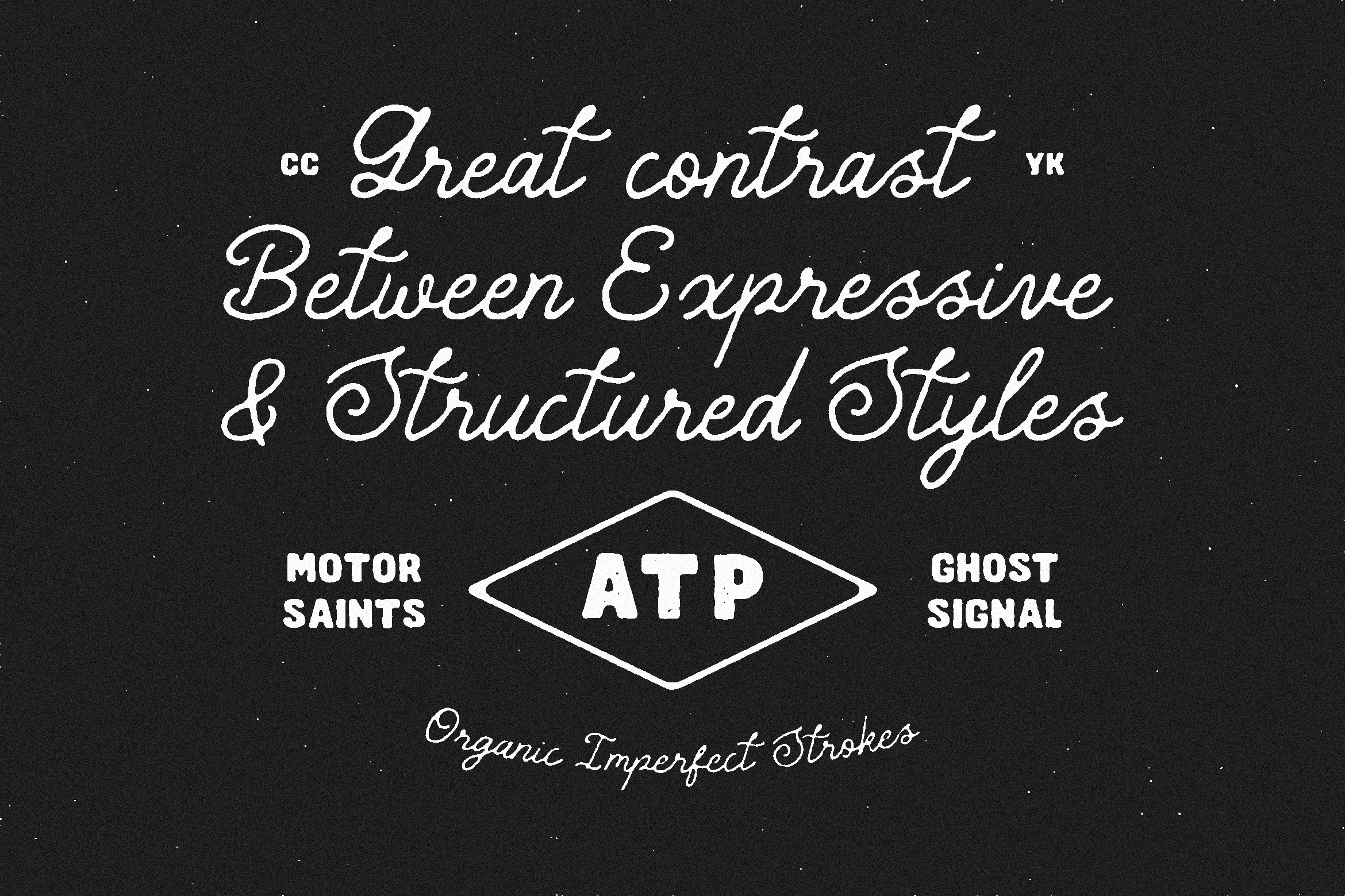 Vintage display showing Motor Saints, Ghost Signal, ATP with flowing script type on dark background