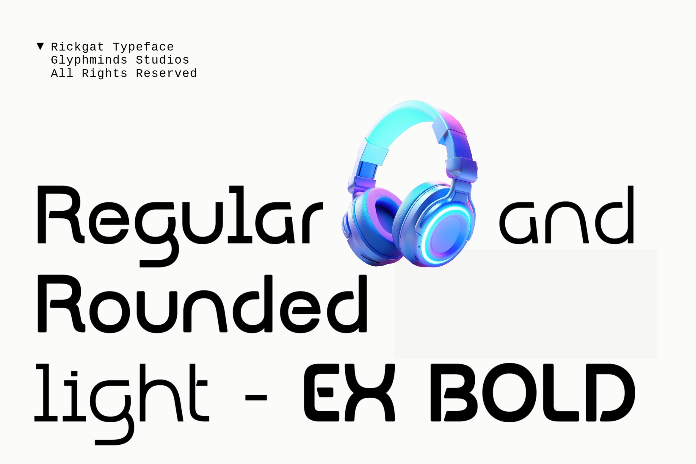 Rickgat typeface with neon blue headphones in modern layout