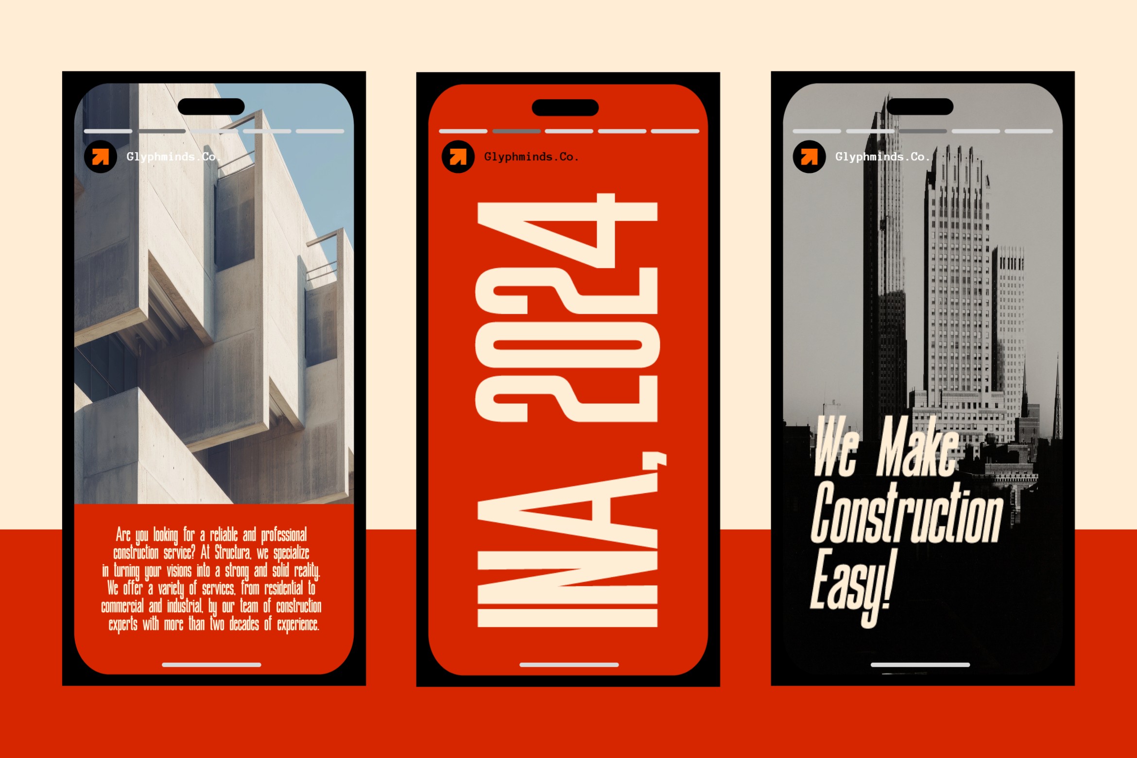 Three phone screens displaying construction company marketing designs