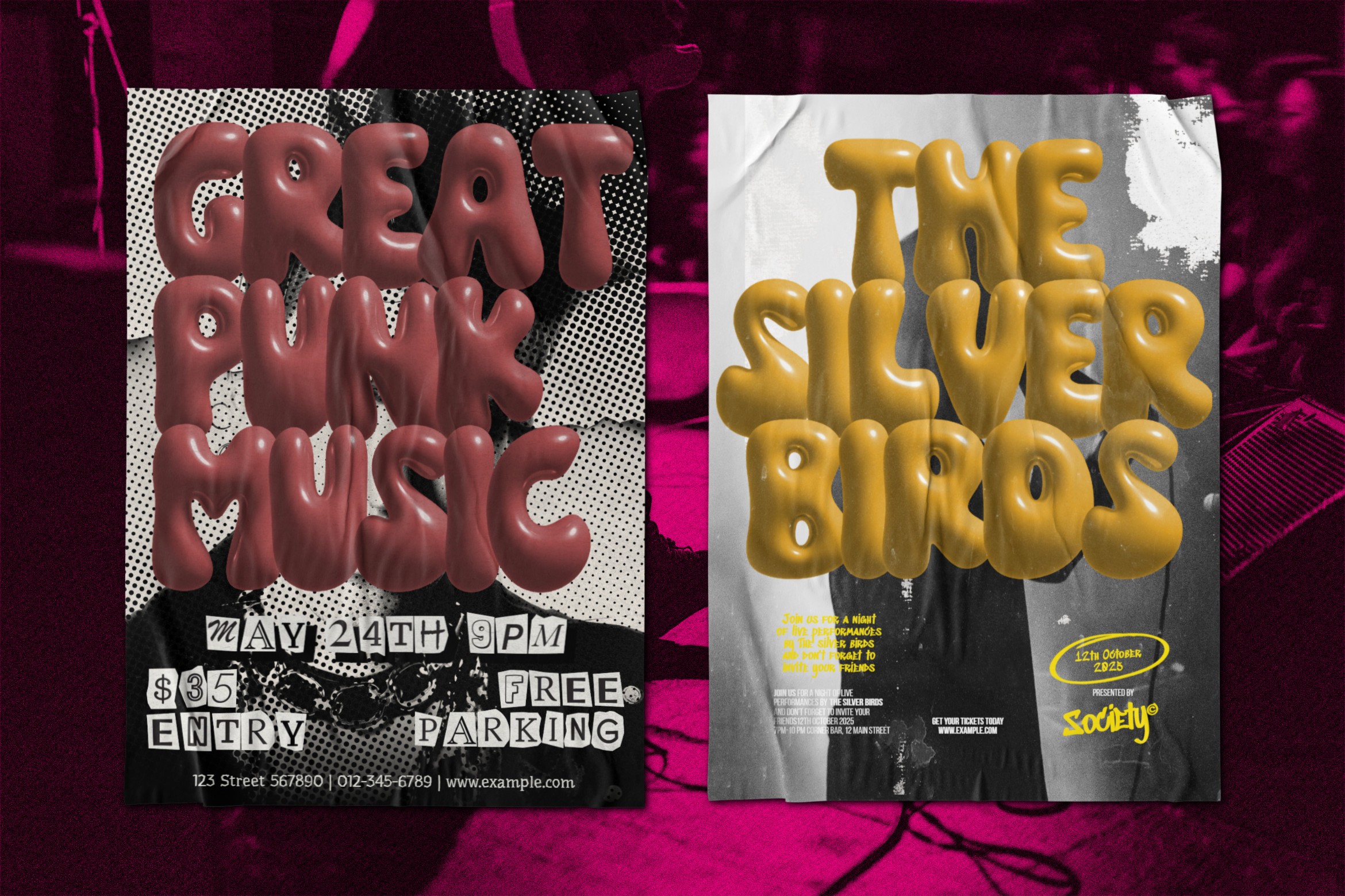 Two concert event posters with bold red, pink, gold 3D typography on vibrant backgrounds