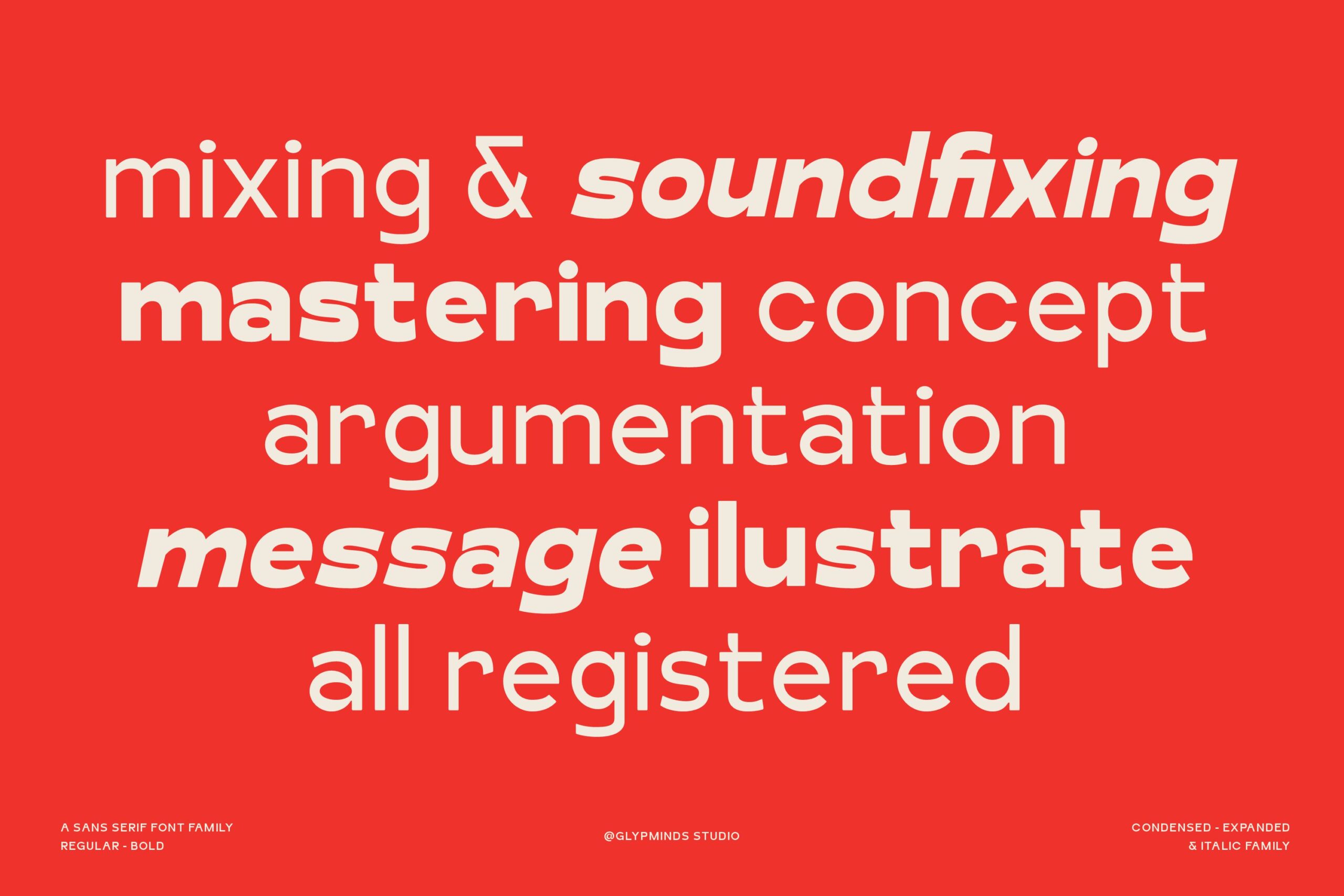 Bold sans serif font on red background showing mixed weight styles with italic variations