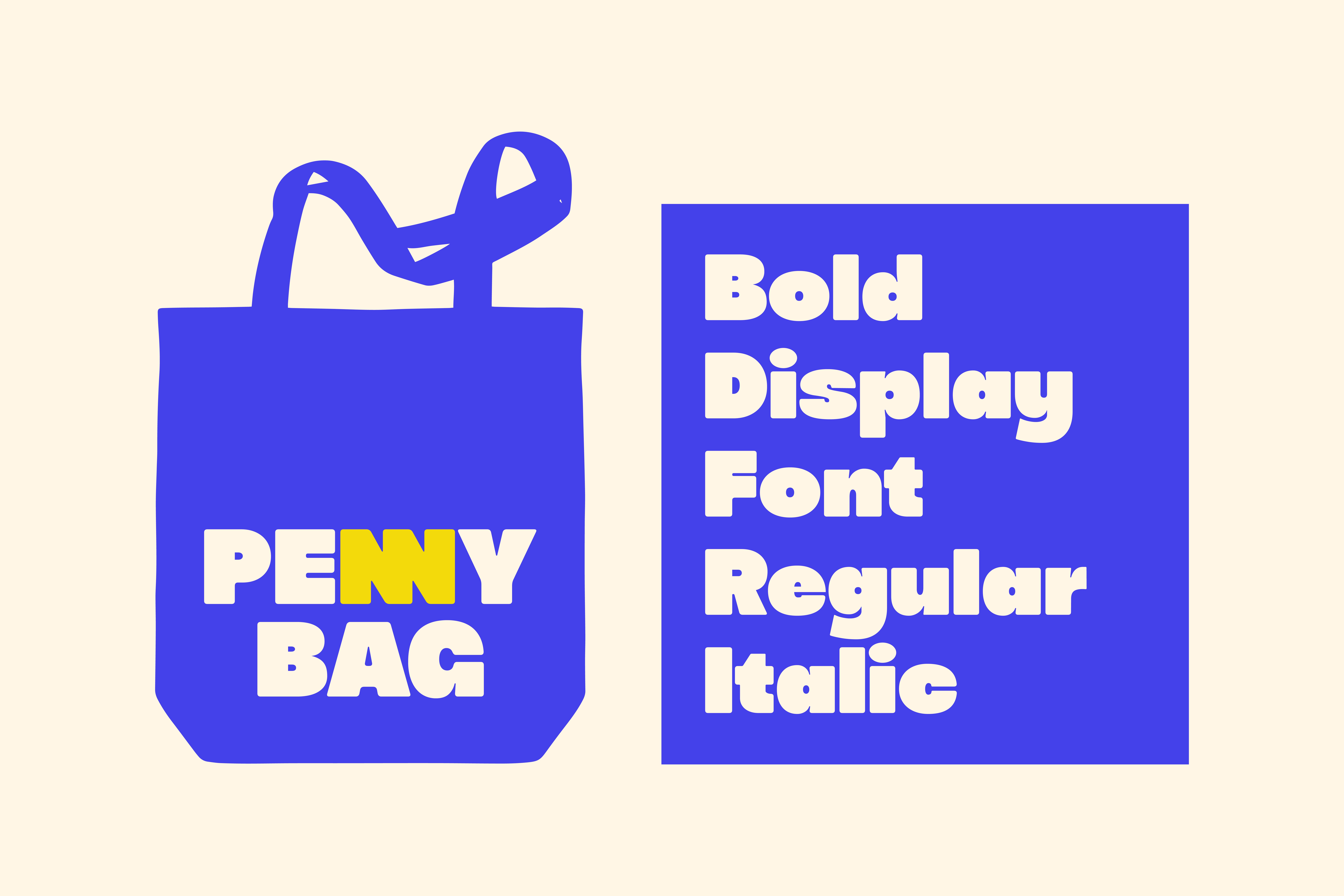 Bold display font showcased on a blue tote bag graphic. Perfect for modern templates, mockups, and graphic design projects. Regular italic styles.