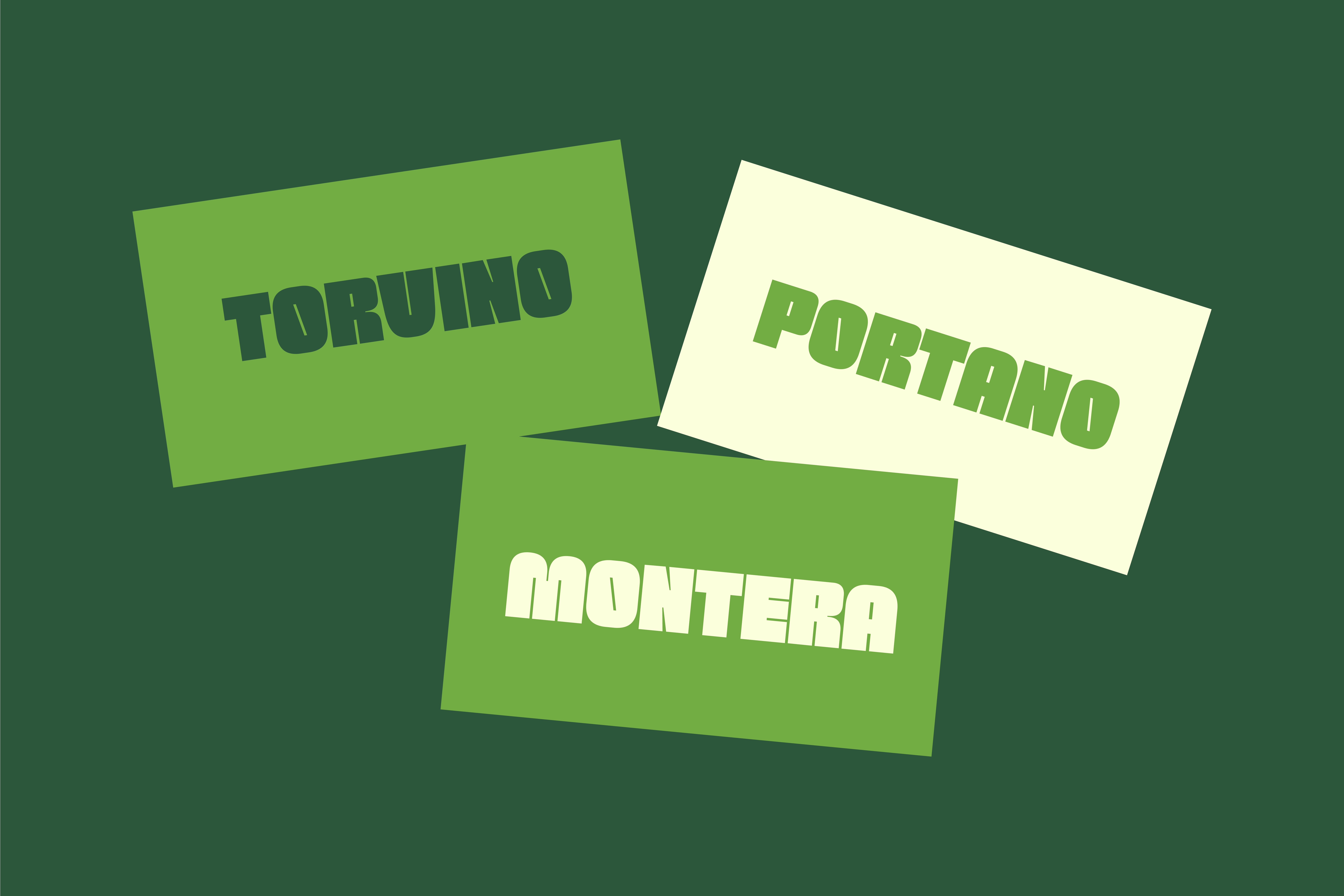Bold stylized green font design mockup featuring the words Toruino Portano Montera ideal for graphic designers looking for unique typography assets