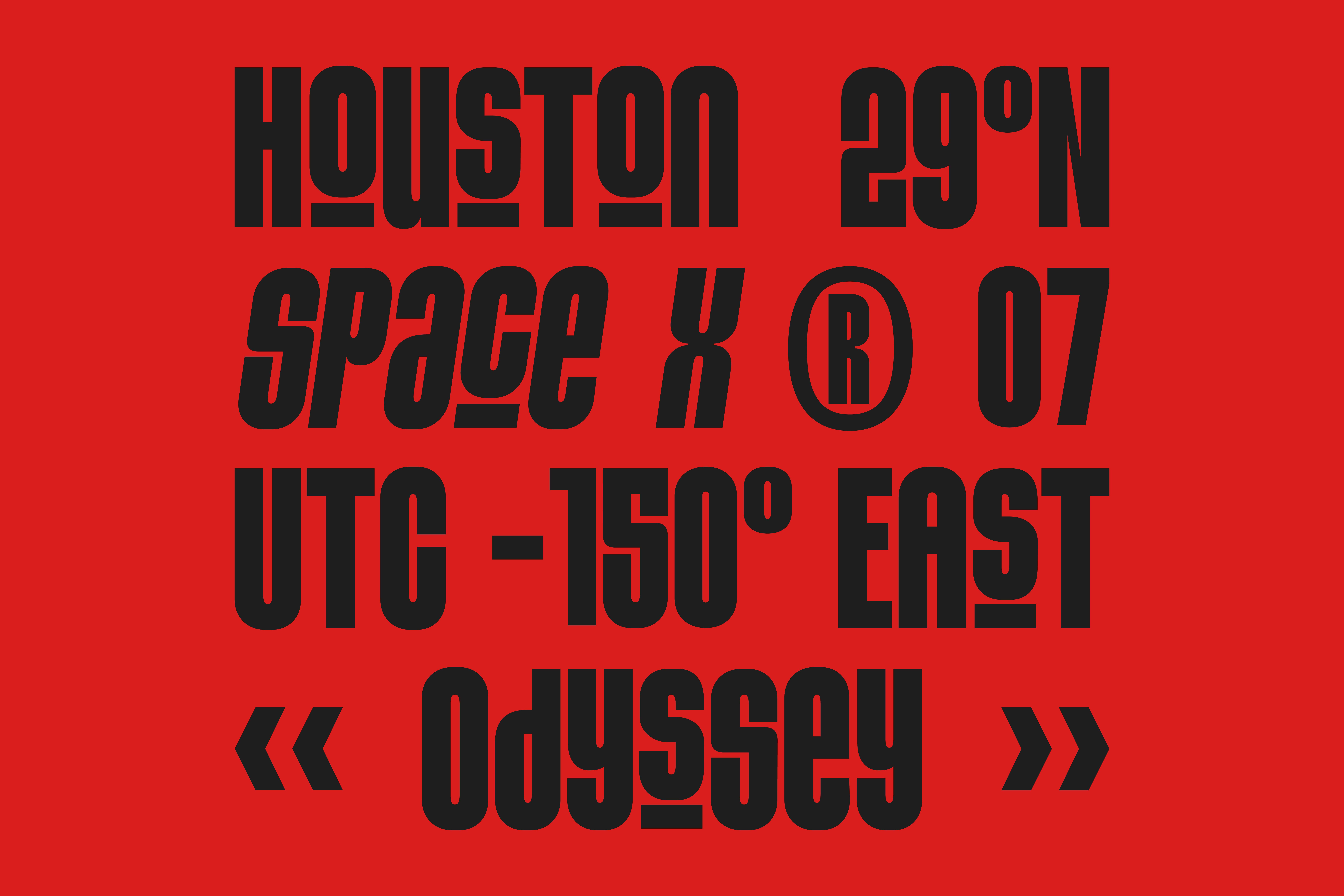 Futuristic font design on red background featuring bold black text including Houston Space UTC Odyssey ideal for graphic design templates and typography.