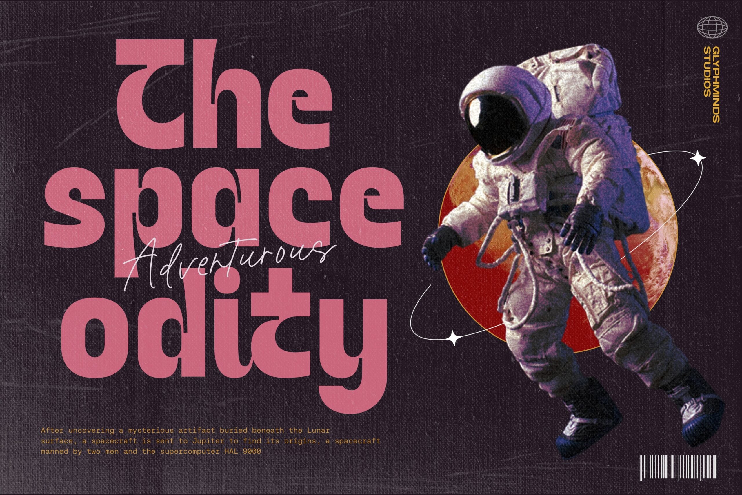 Dark sci-fi poster with pink typography, astronaut figure, geometric shapes in space