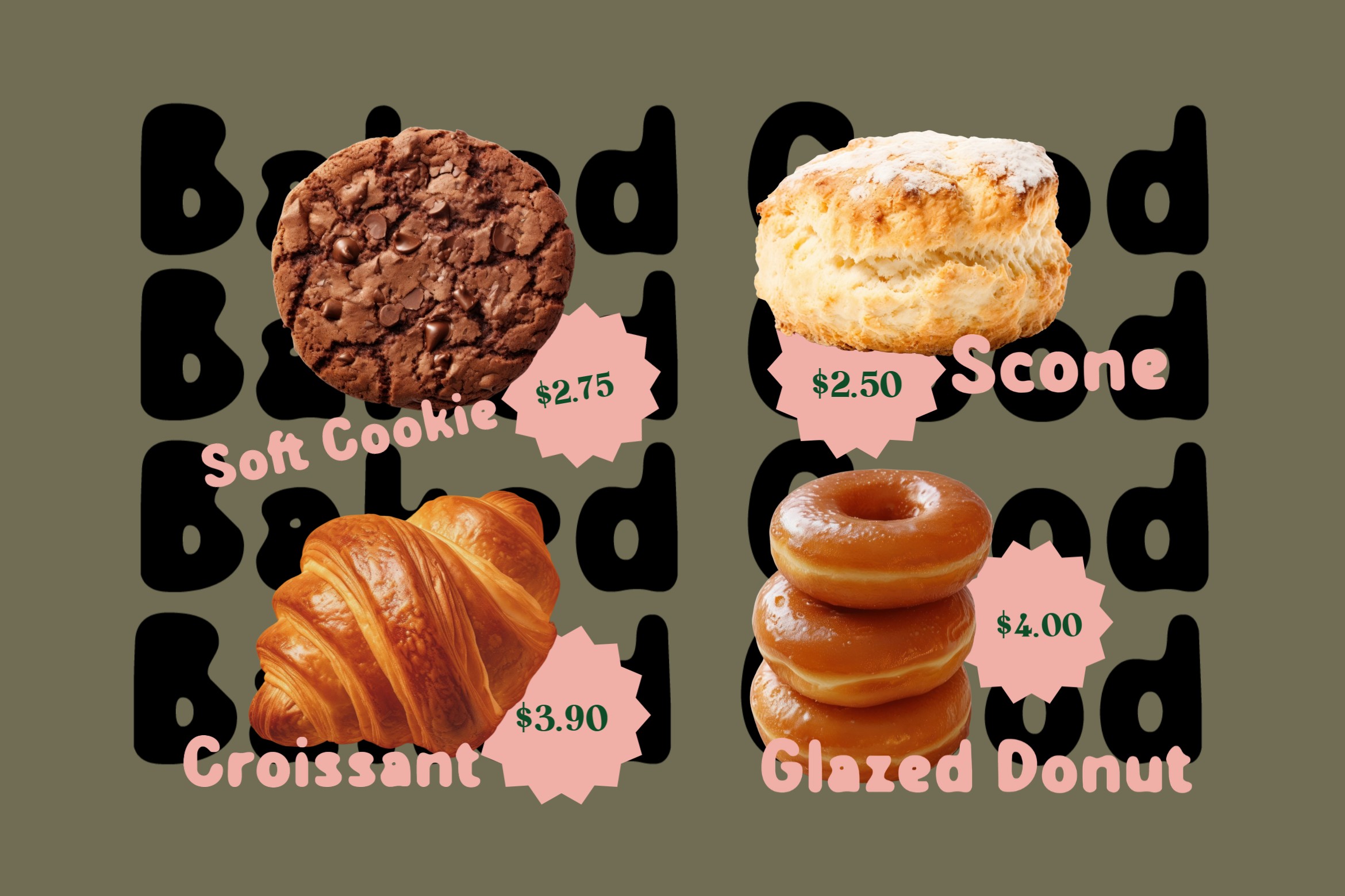 Bakery menu mockup with chocolate cookie, scone, croissant, donuts on sage green