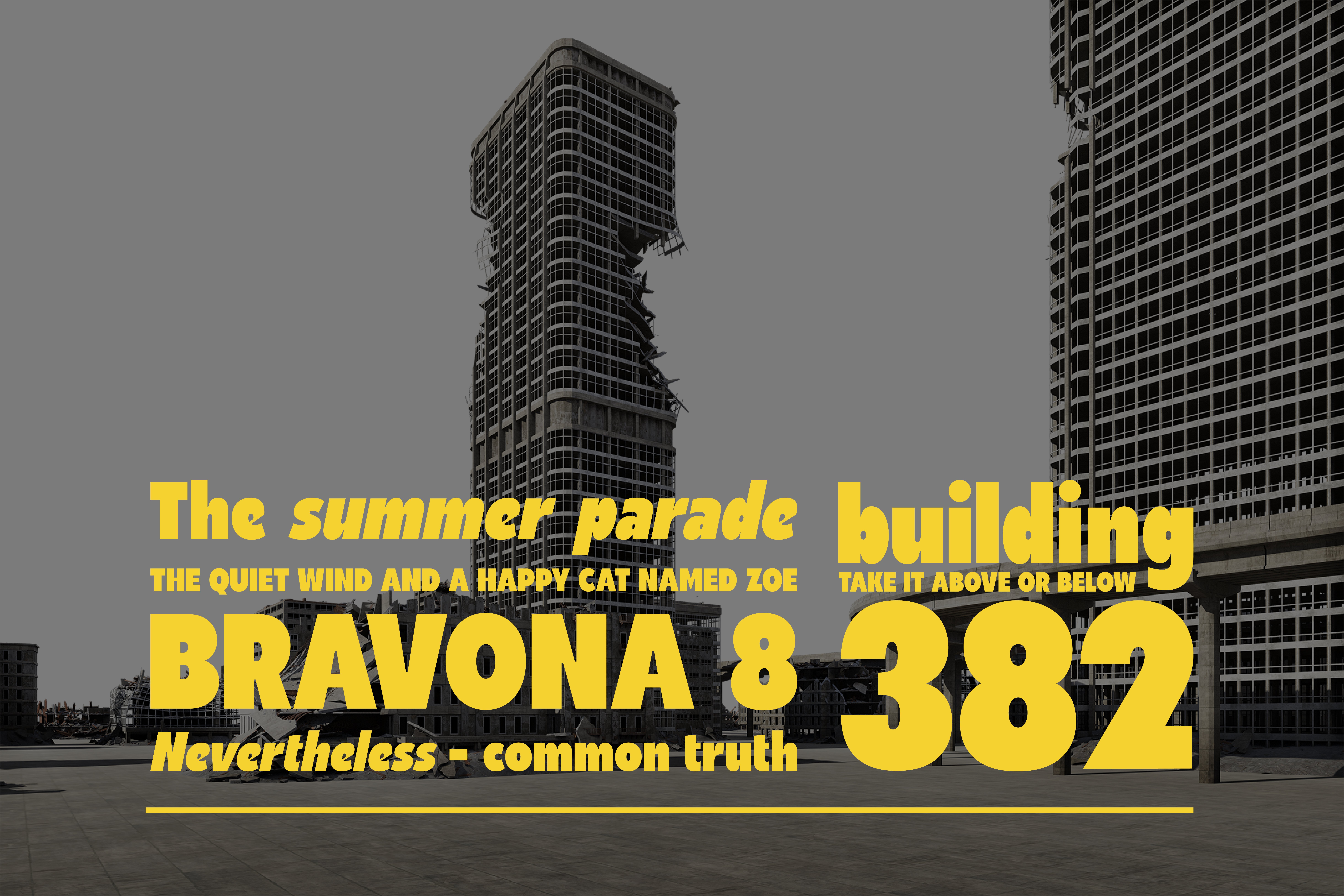Urban scene featuring an abstract building design with bold yellow text overlay. Ideal for designers seeking unique mockups, graphics, or template assets.