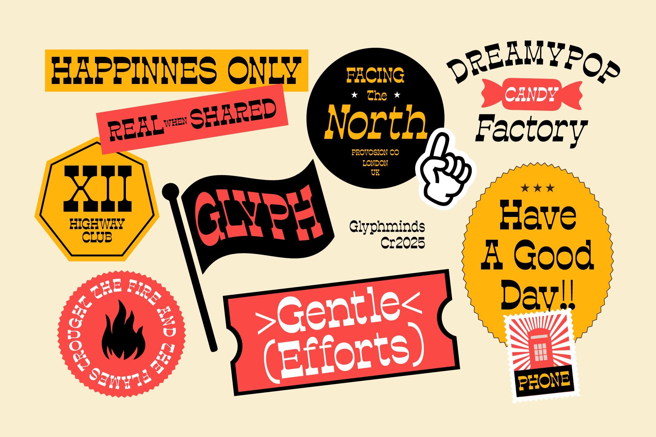 Vintage stickers collage with retro badges in yellow red black