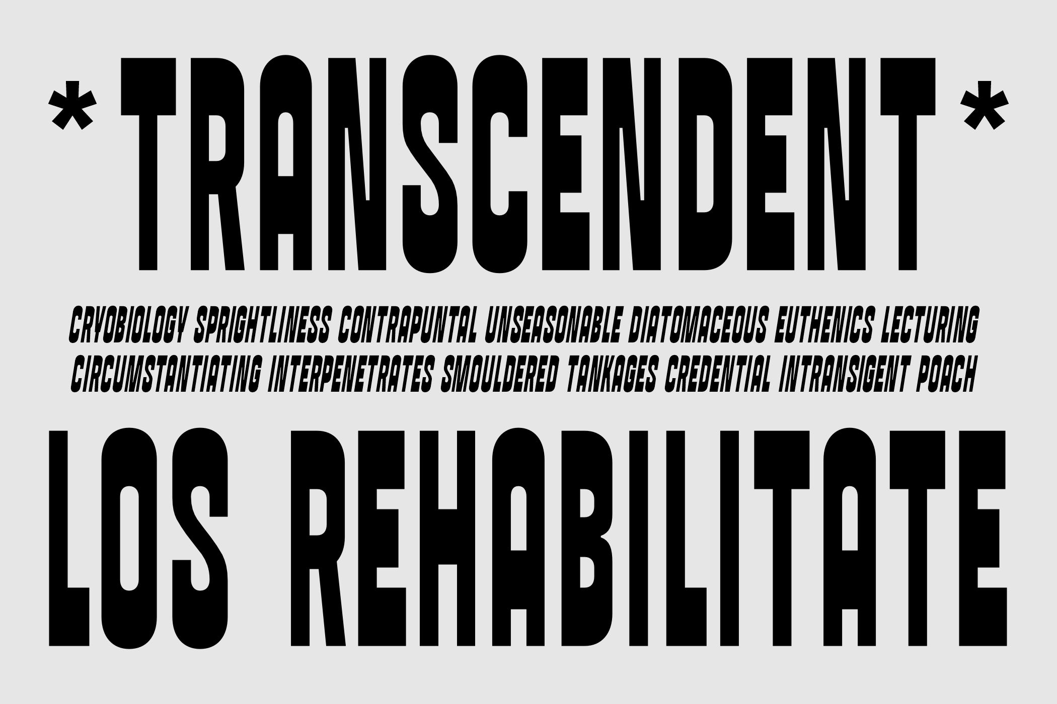 Transcendent Los Rebabilitate font display with italic specimen text