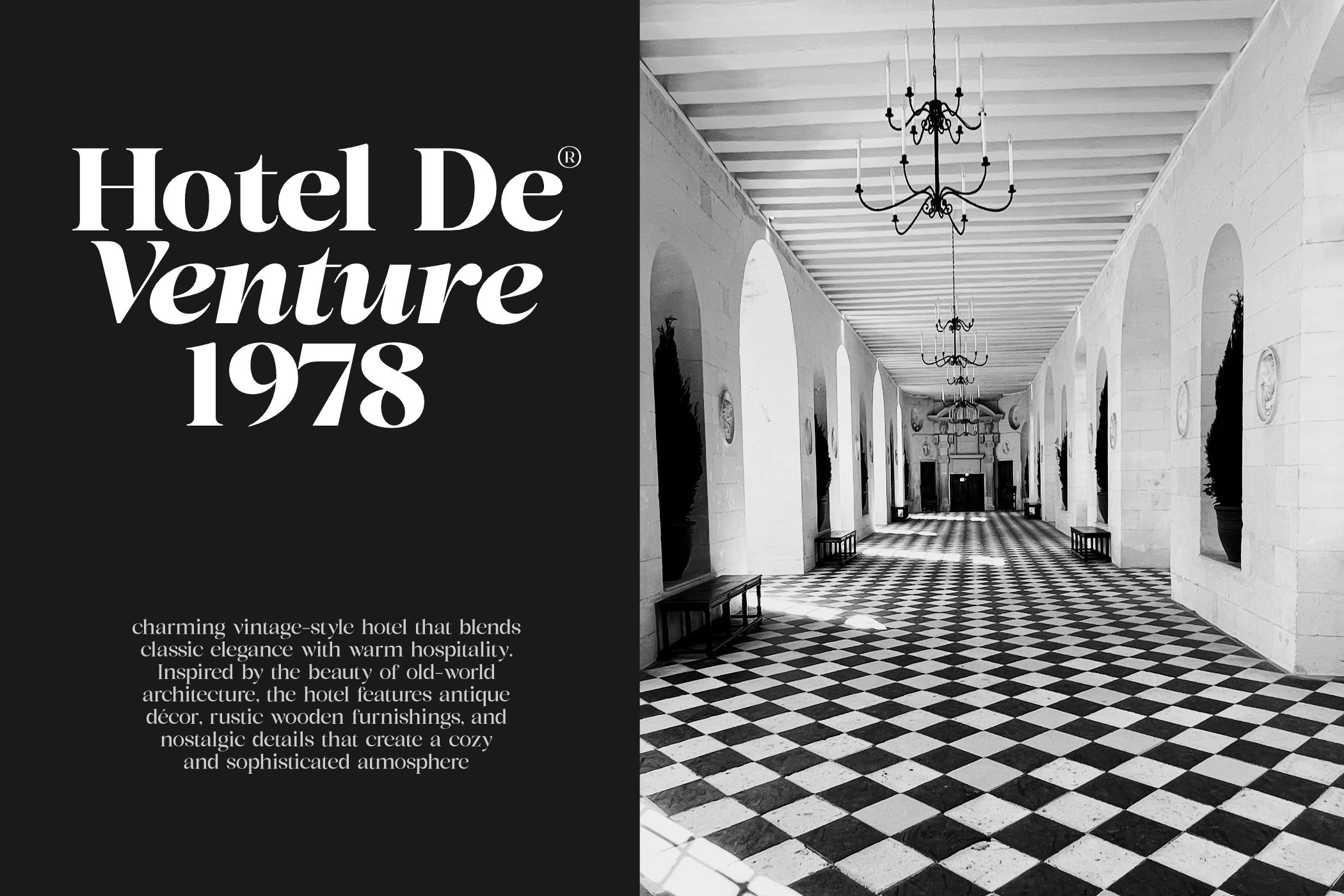 Vintage hotel branding with serif text elegant corridor archway checkered floor
