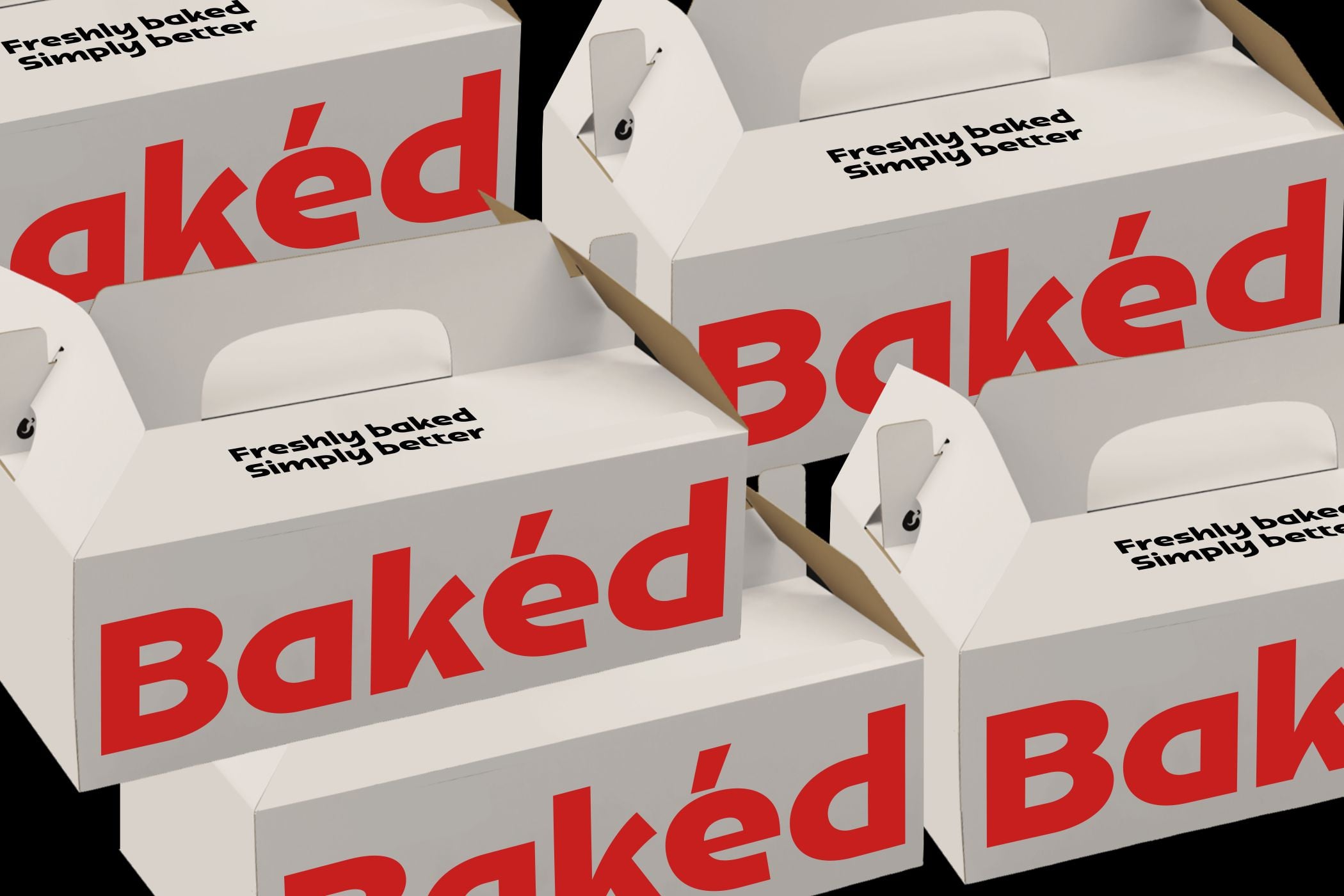 Stacked white bakery boxes with large red Baked lettering, tagline Freshly baked simply better