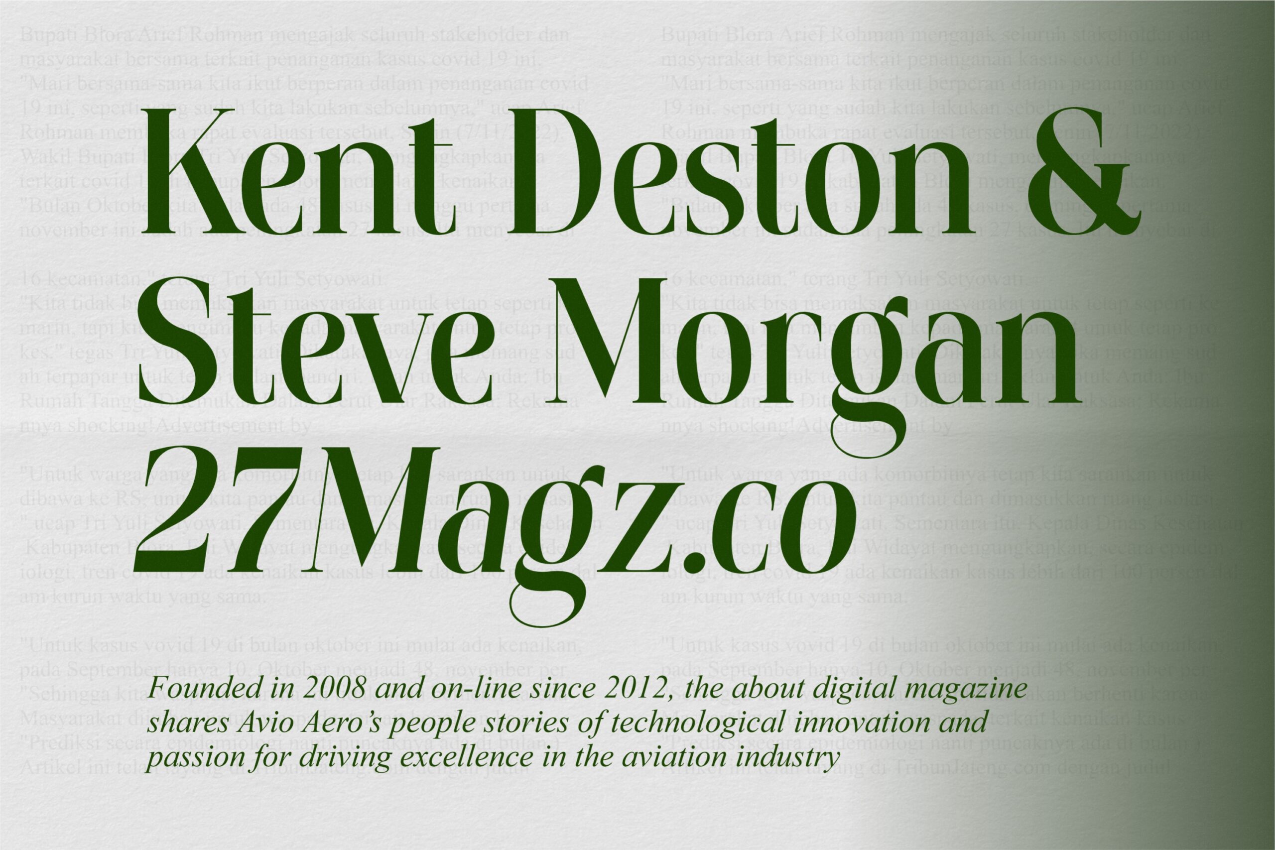 Magazine cover layout featuring large serif text in green with subtitle text