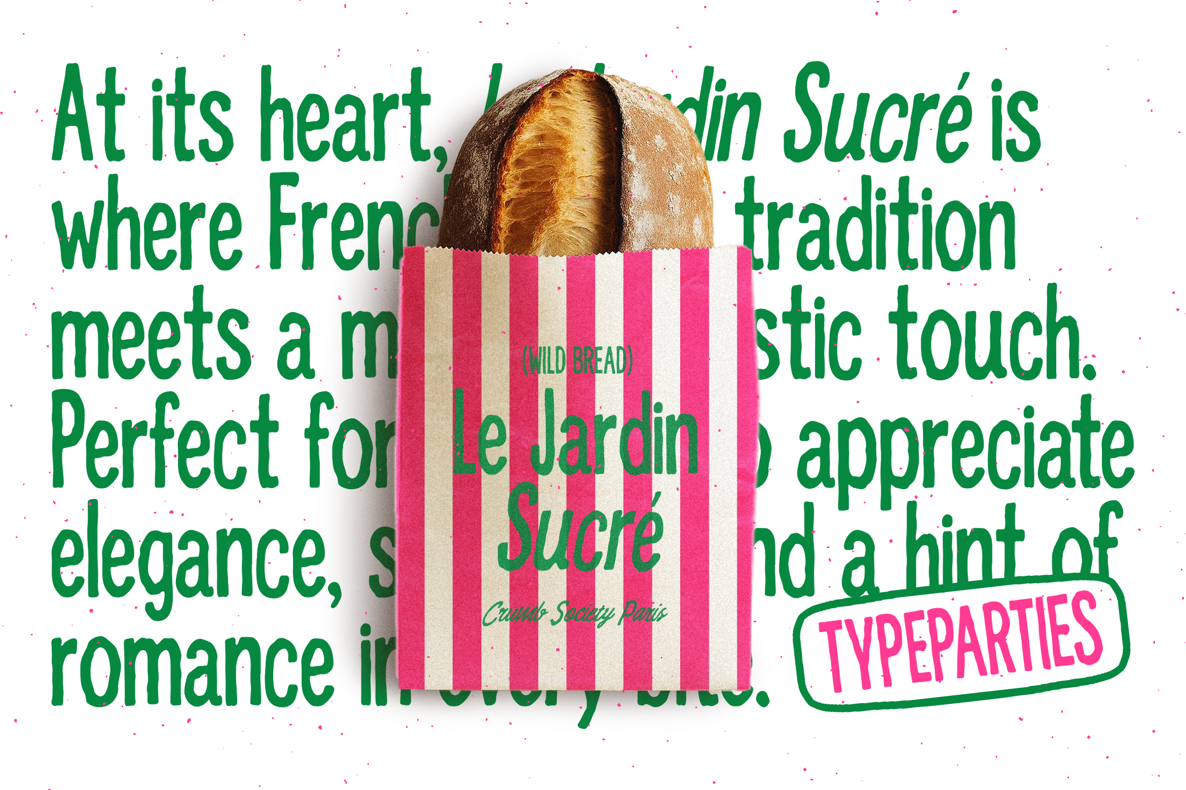 Bread bakery package mockup with green sans-serif font overlaid on striped pink paper bag design