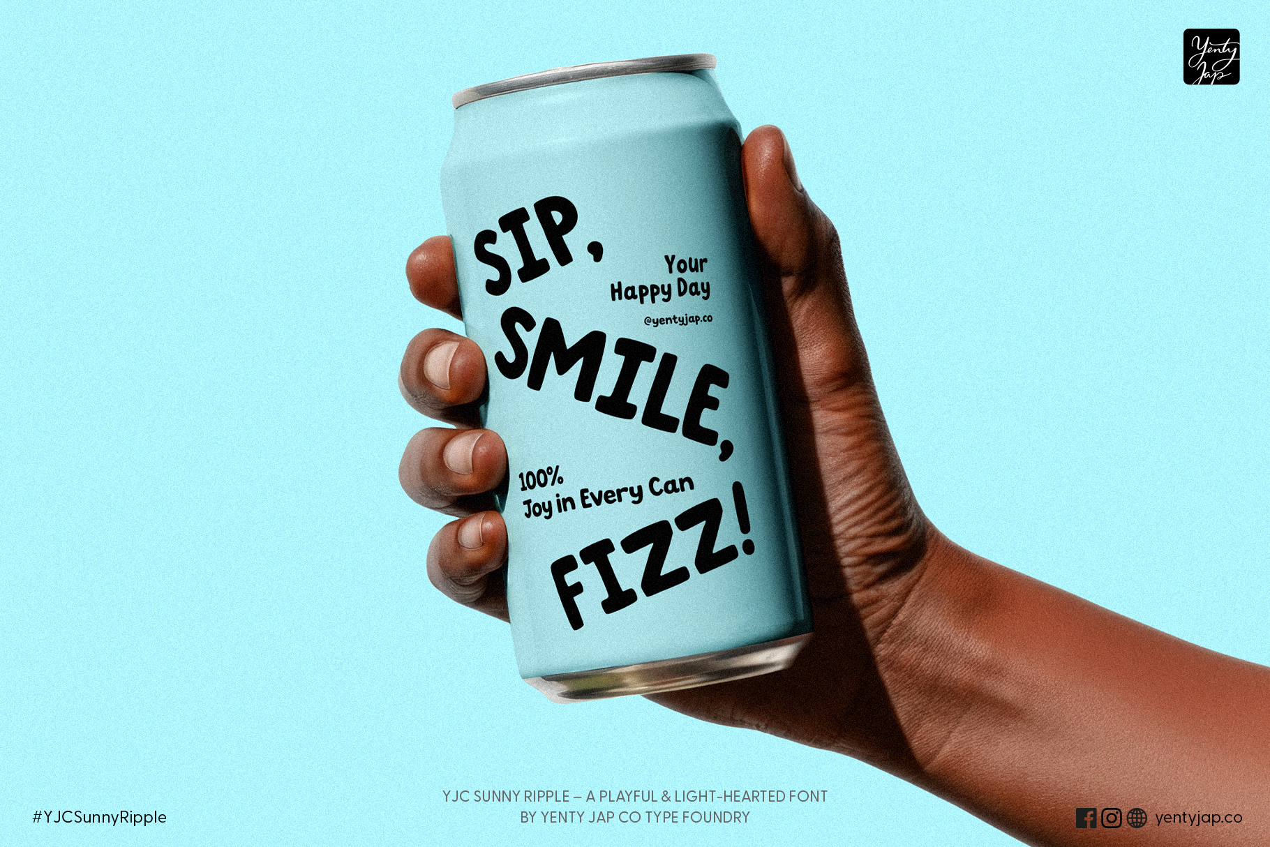 Light blue soda can in hand with bold typography saying sip smile fizz