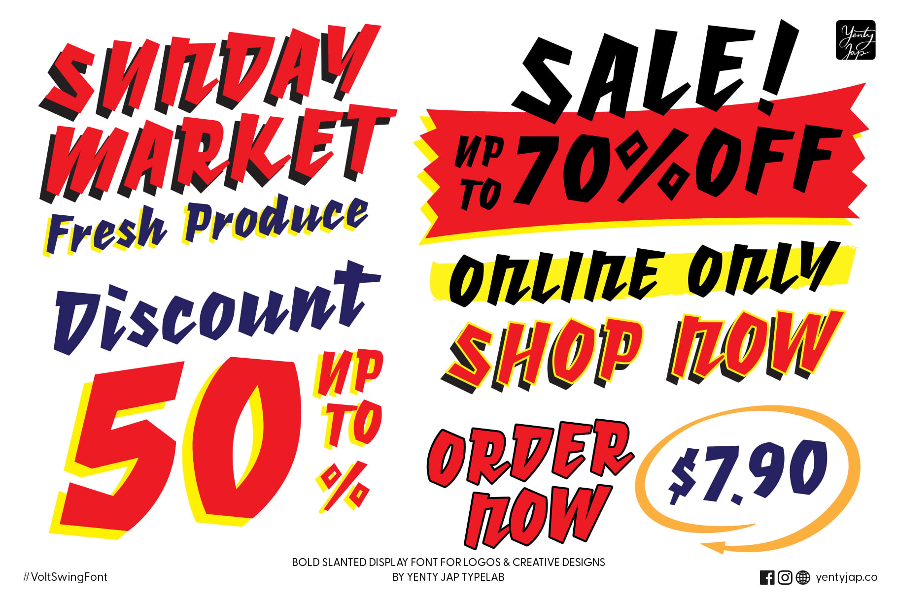 Sunday market fresh produce discount flyer with red bold slanted font, up to 50% off messaging