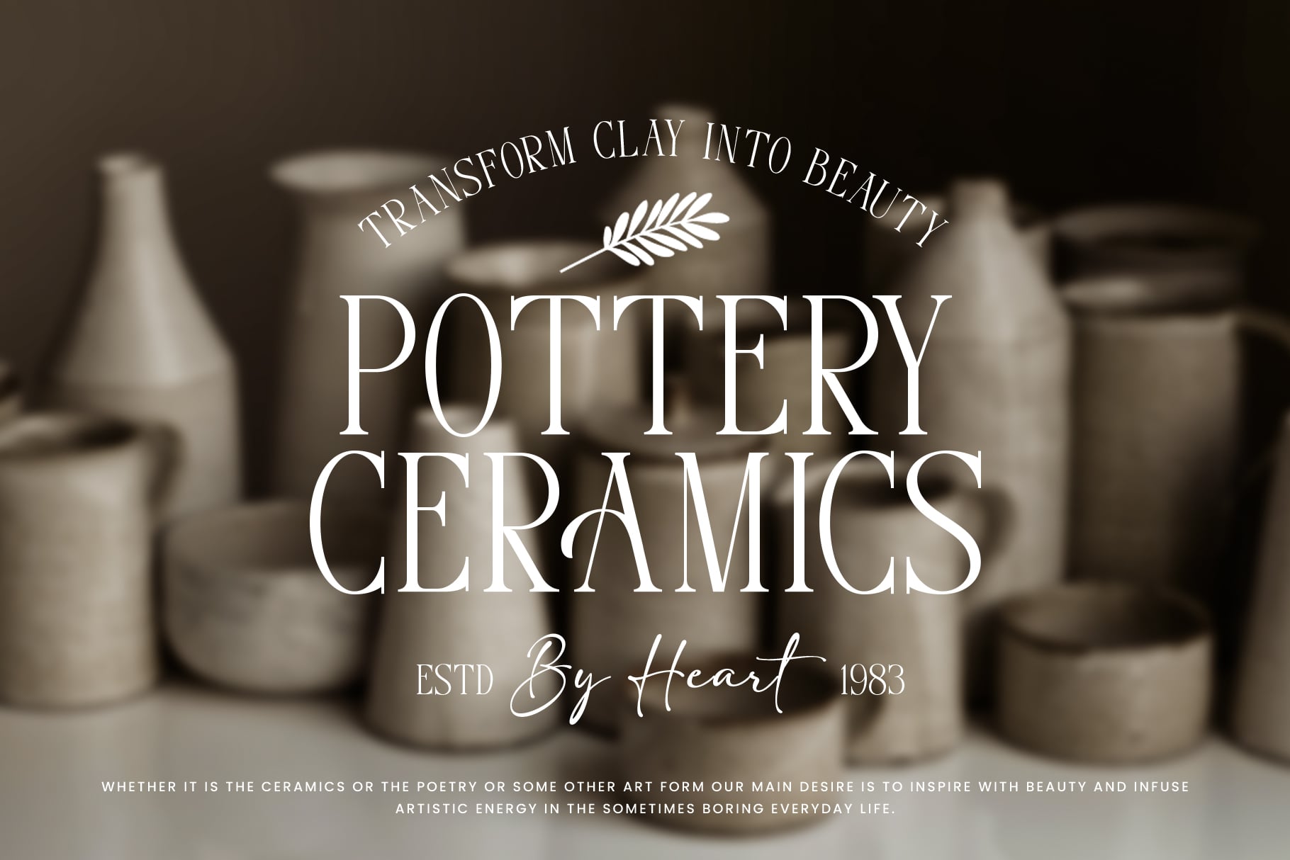 Blurred ceramic vases with Pottery Ceramics text overlay in serif font
