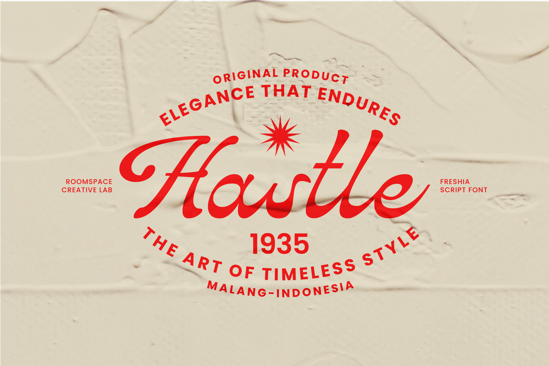 Hastle red script font with vintage badge design on textured white surface
