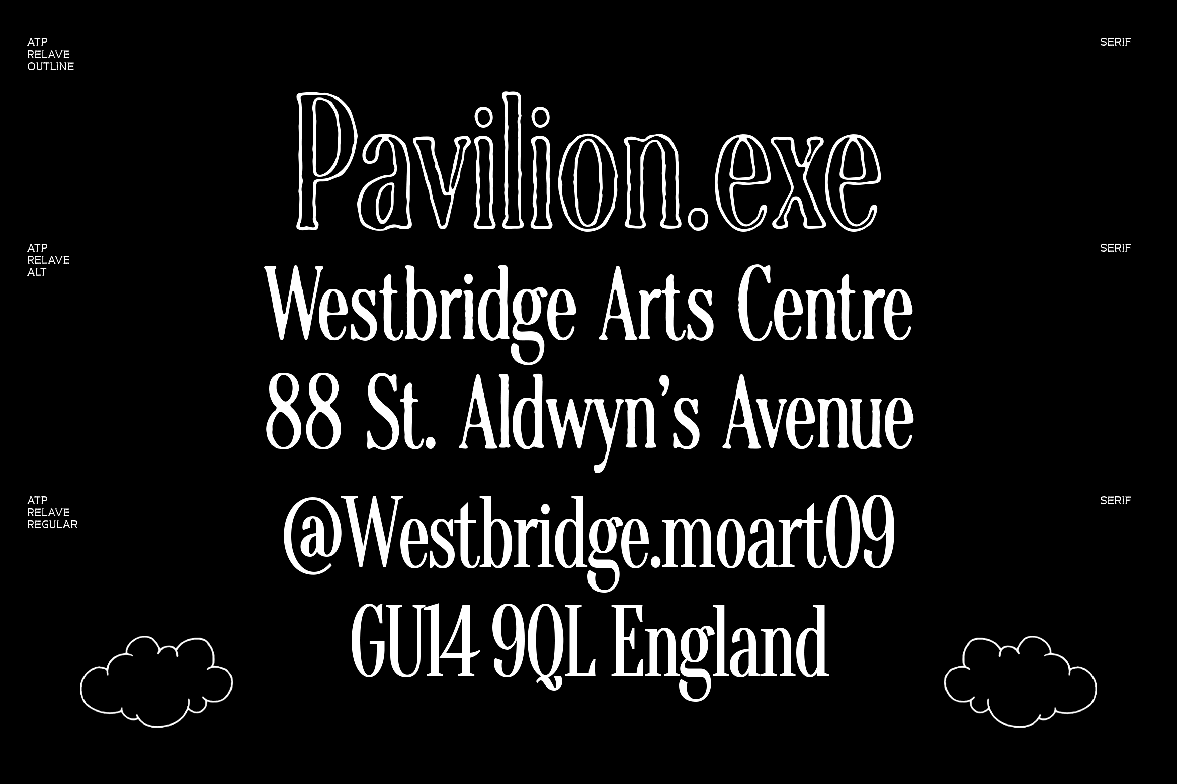 Dark layout showing Pavilion venue details with serif outline typeface in cream on black