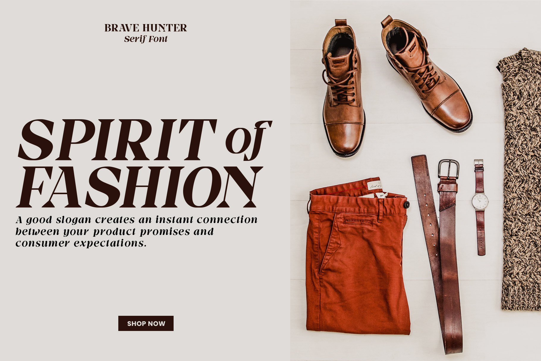 Brown leather boots, rust pants, belts, sweater in fashion flat lay overhead