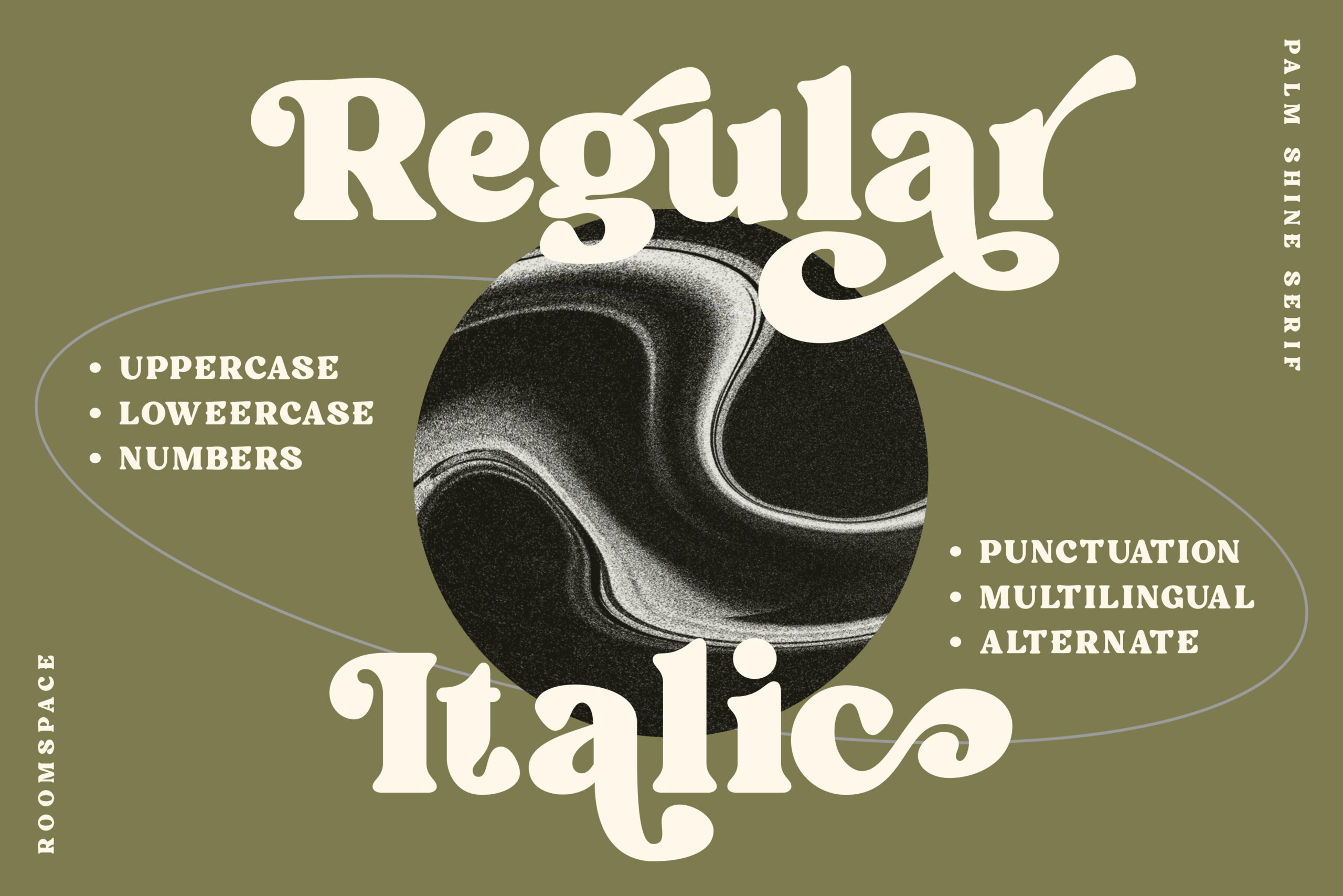 Regular Italic serif font showing uppercase, lowercase, numbers with decorative curl